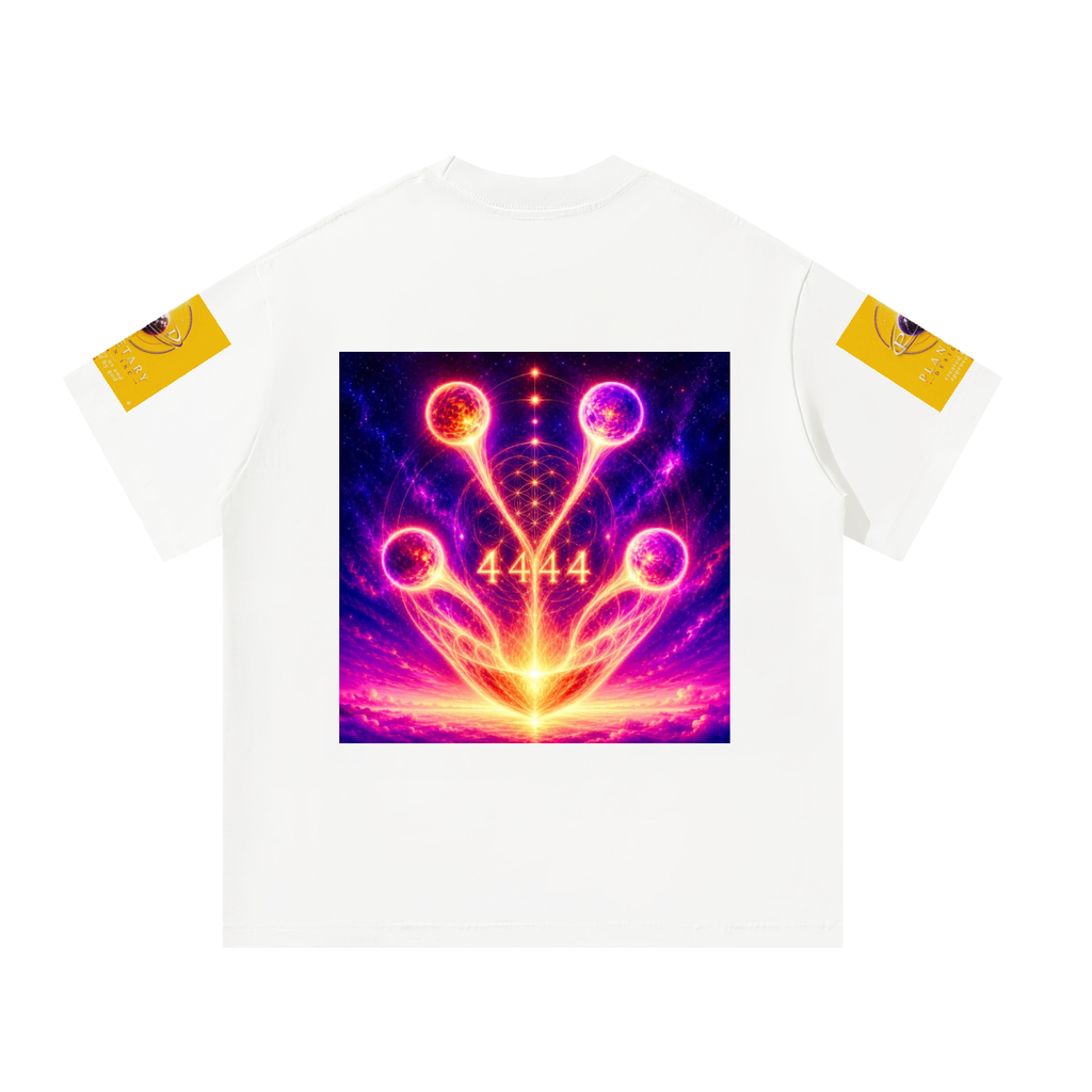 A white short-sleeve t-shirt with a large, vibrant cosmic graphic on the chest and yellow graphic patches on both sleeves, displayed against a solid white background.