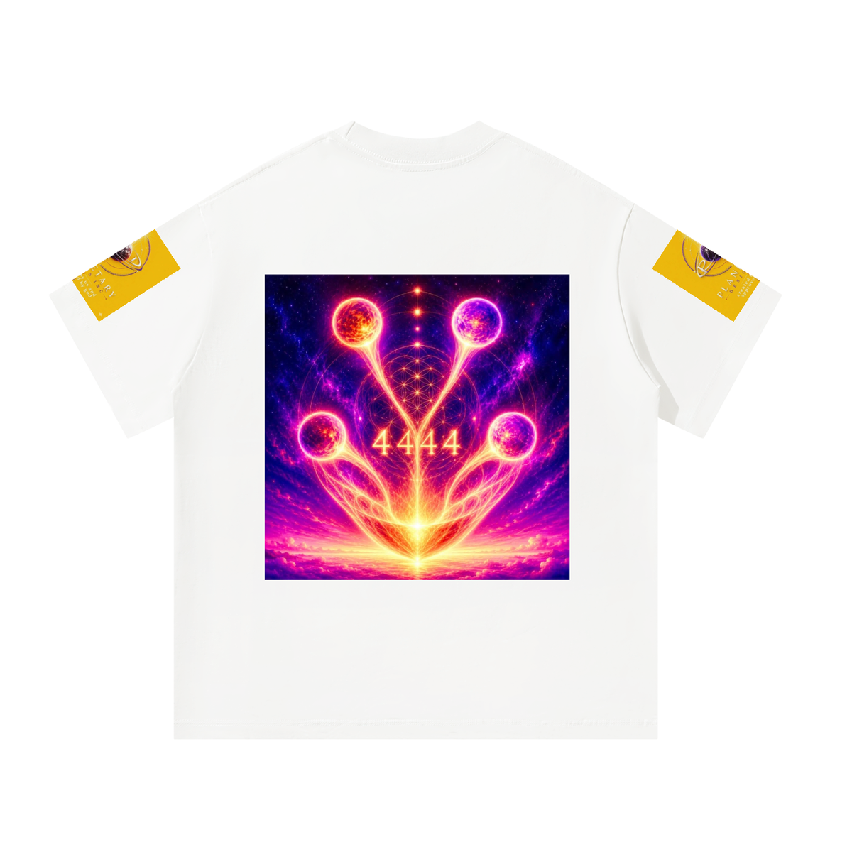 A white short-sleeve t-shirt with a large, vibrant cosmic graphic on the chest and yellow graphic patches on both sleeves, displayed against a solid white background.