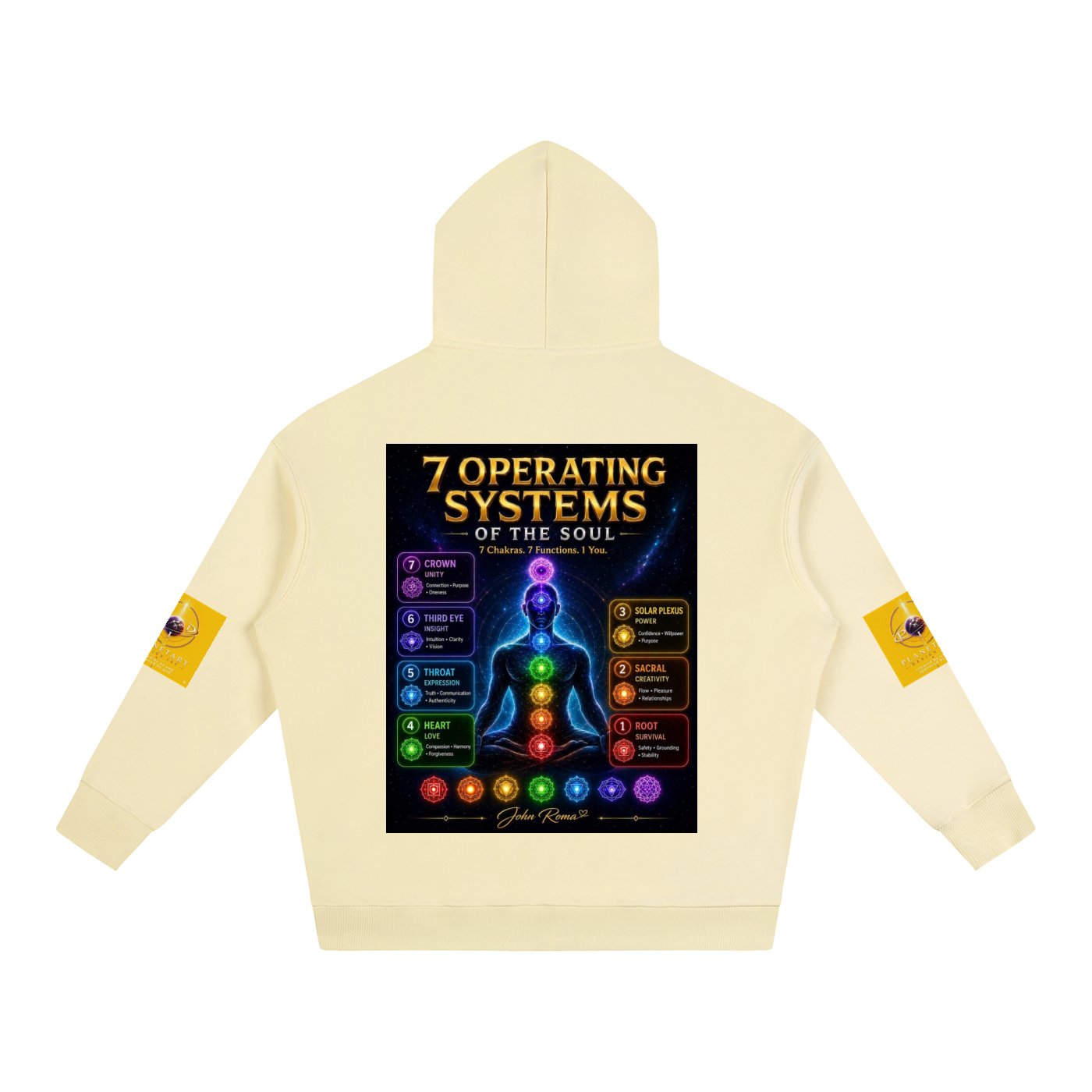 A cream-colored hoodie shown from the back, featuring a large graphic print of the '7 Operating Systems of the Soul' with a chakra diagram and a meditating figure. The sleeves have small yellow patches with the text '7 CHAKRAS'.