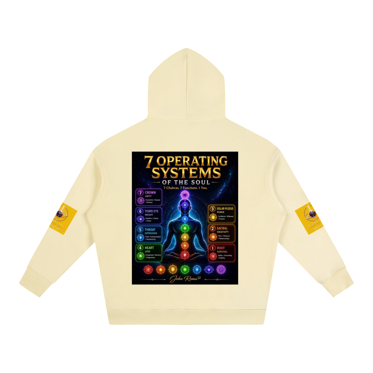 A cream-colored hoodie shown from the back, featuring a large graphic print of the '7 Operating Systems of the Soul' with a chakra diagram and a meditating figure. The sleeves have small yellow patches with the text '7 CHAKRAS'.