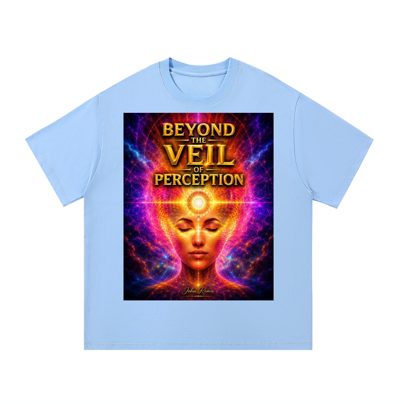 Light blue t-shirt with a colorful graphic and text 'Beyond the Veil of Perception' on a white background