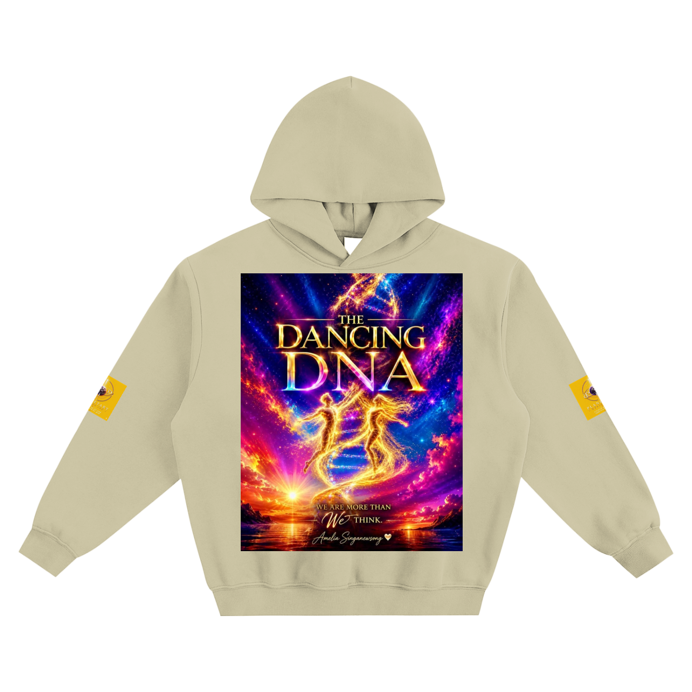 Beige hoodie with a colorful 'Dancing DNA' graphic on a white background