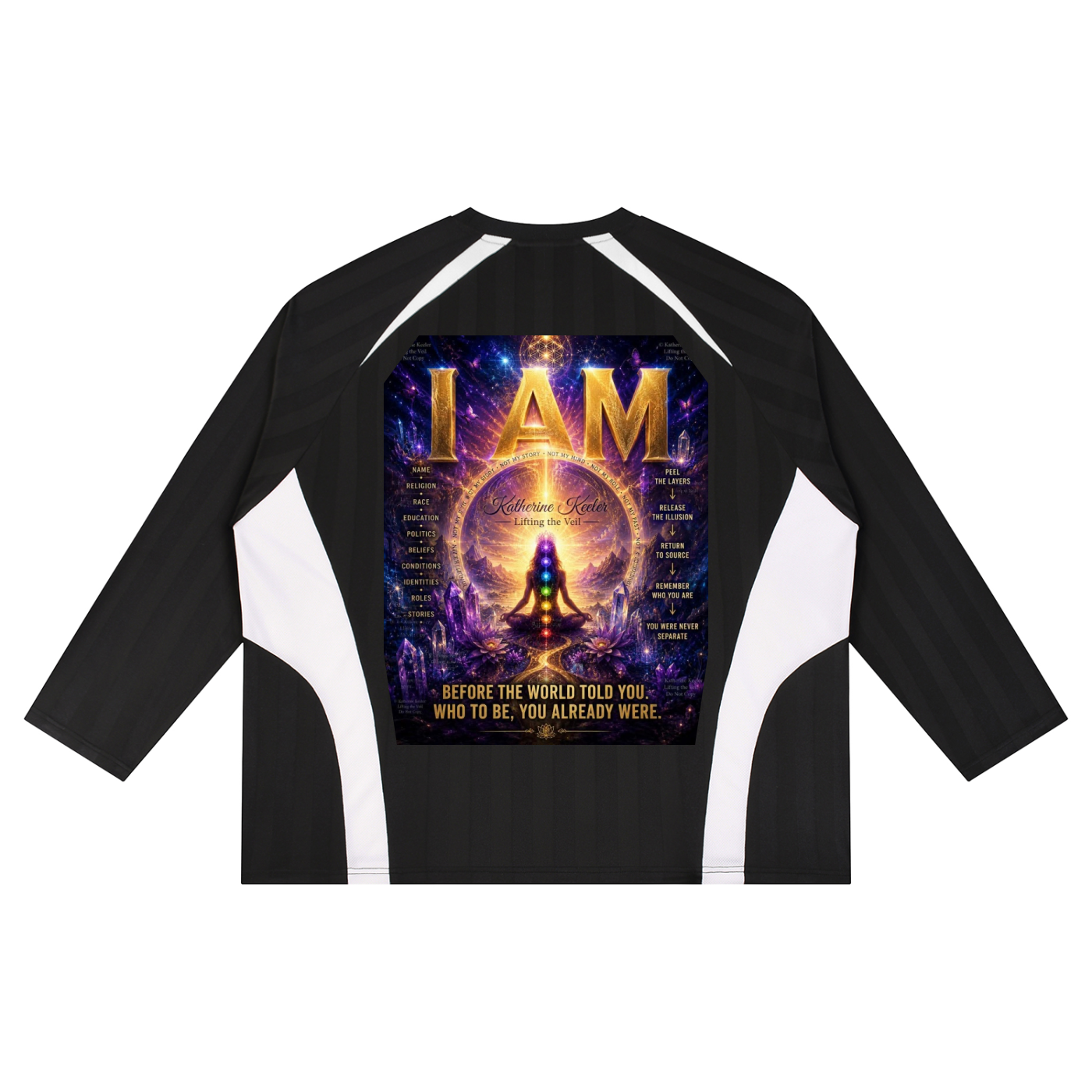 Black and white long-sleeve shirt with 'I AM' graphic design on a white background