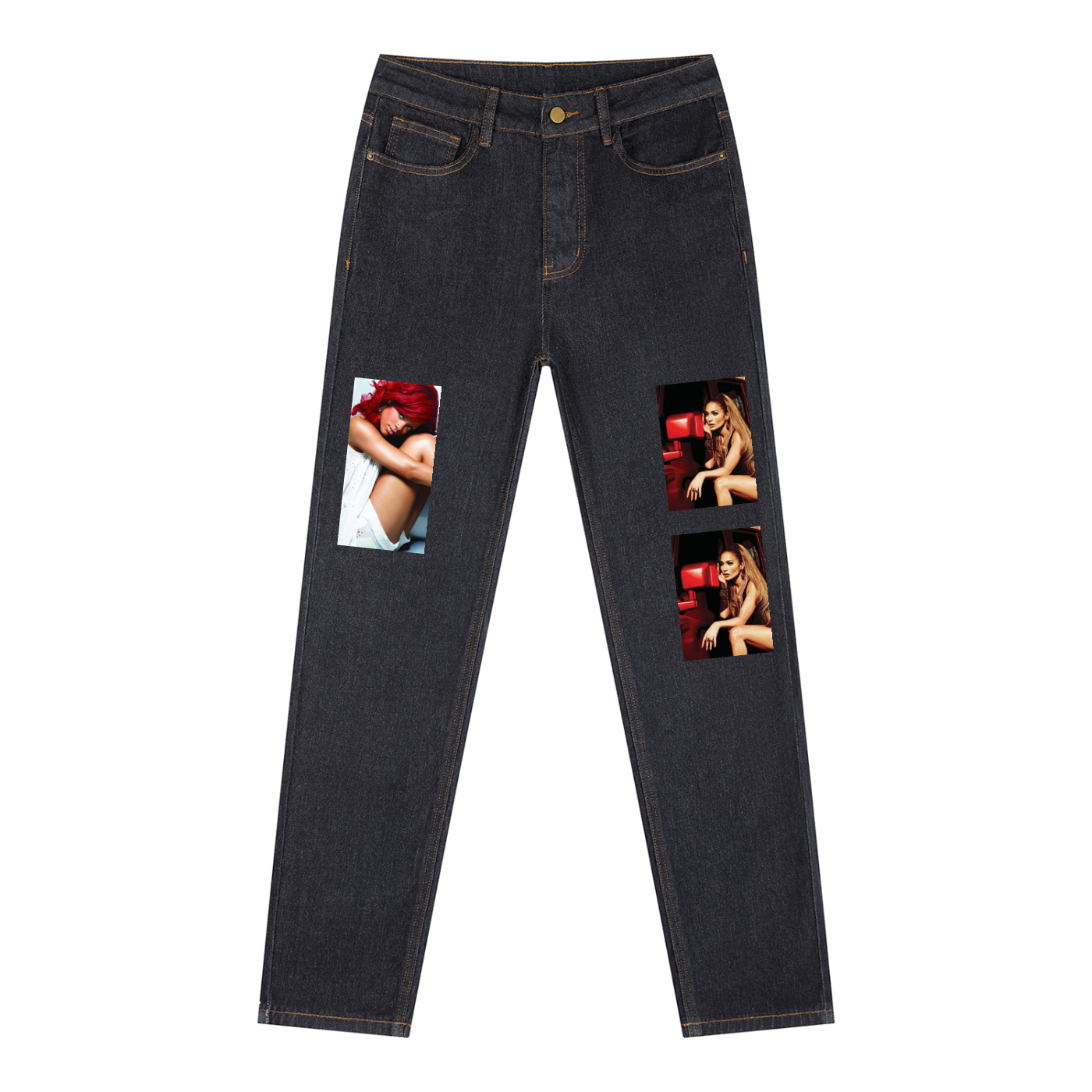 Black jeans with printed images on a white background
