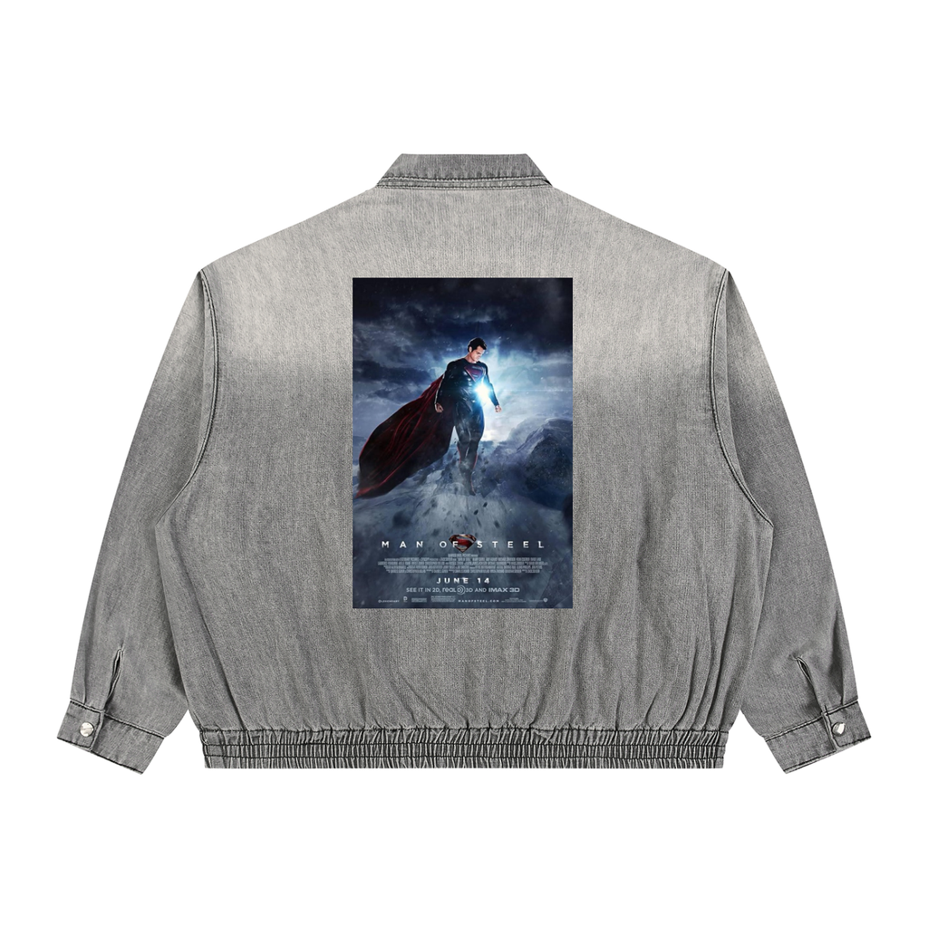 Gray jacket with a superhero movie poster on the back