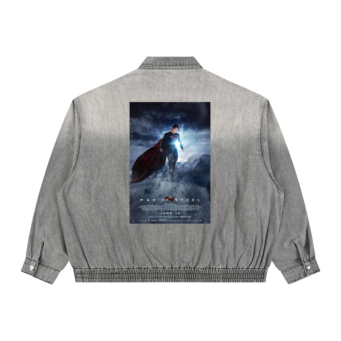 Gray jacket with a superhero movie poster on the back