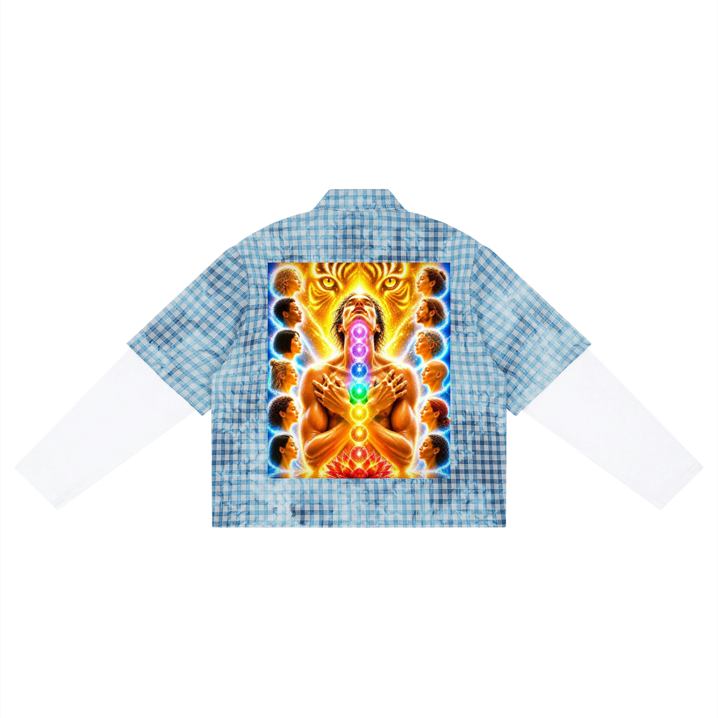 A short-sleeve button-up shirt with a light blue and white gingham pattern, featuring a large, vibrant graphic print on the back. The graphic depicts a golden tiger's face with eyes, surrounded by a meditating figure with a chakra symbol in the center, flanked by circular portraits.