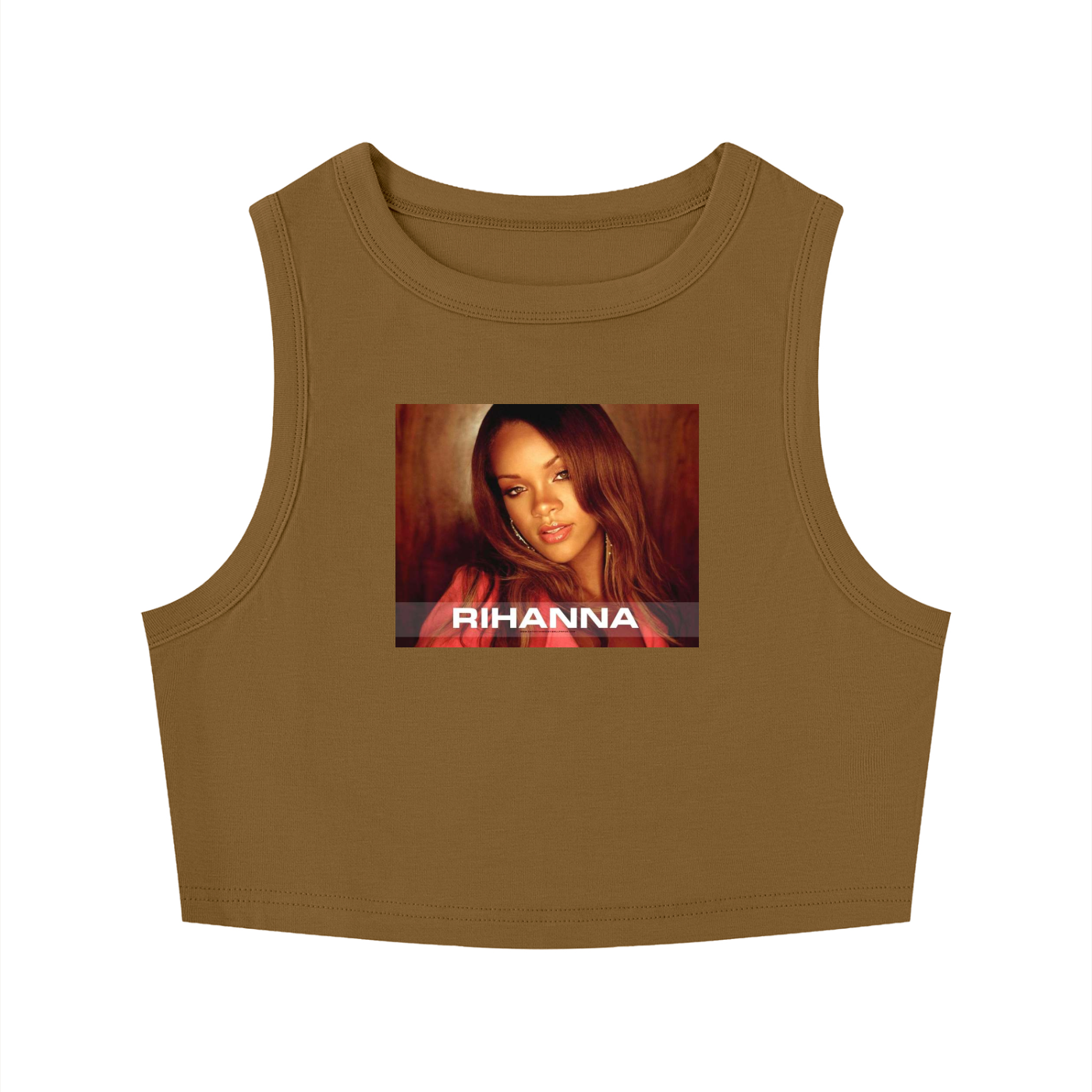 Brown tank top with a graphic of Rihanna on a white background