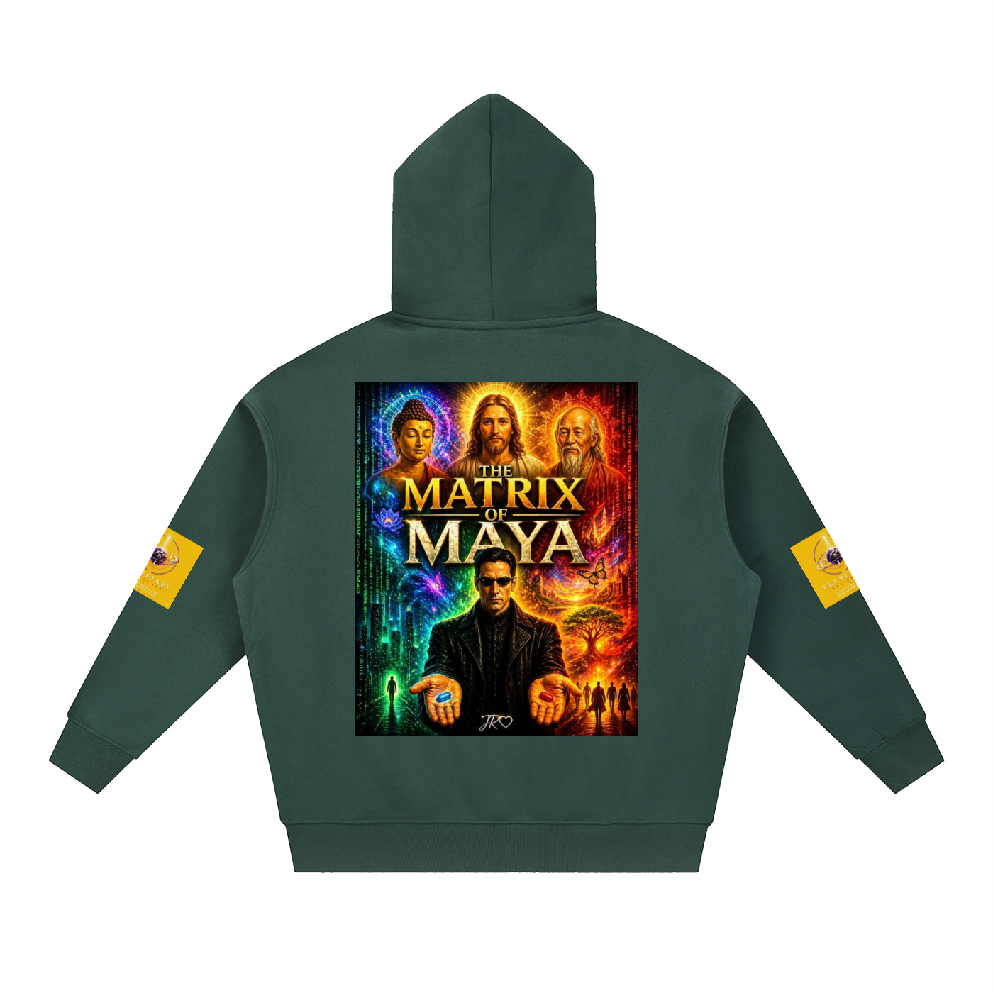 A dark green hoodie shown from the back, featuring a large colorful graphic print of 'The Matrix & Maya' on the back and yellow patches on both sleeves, displayed on a solid white background.