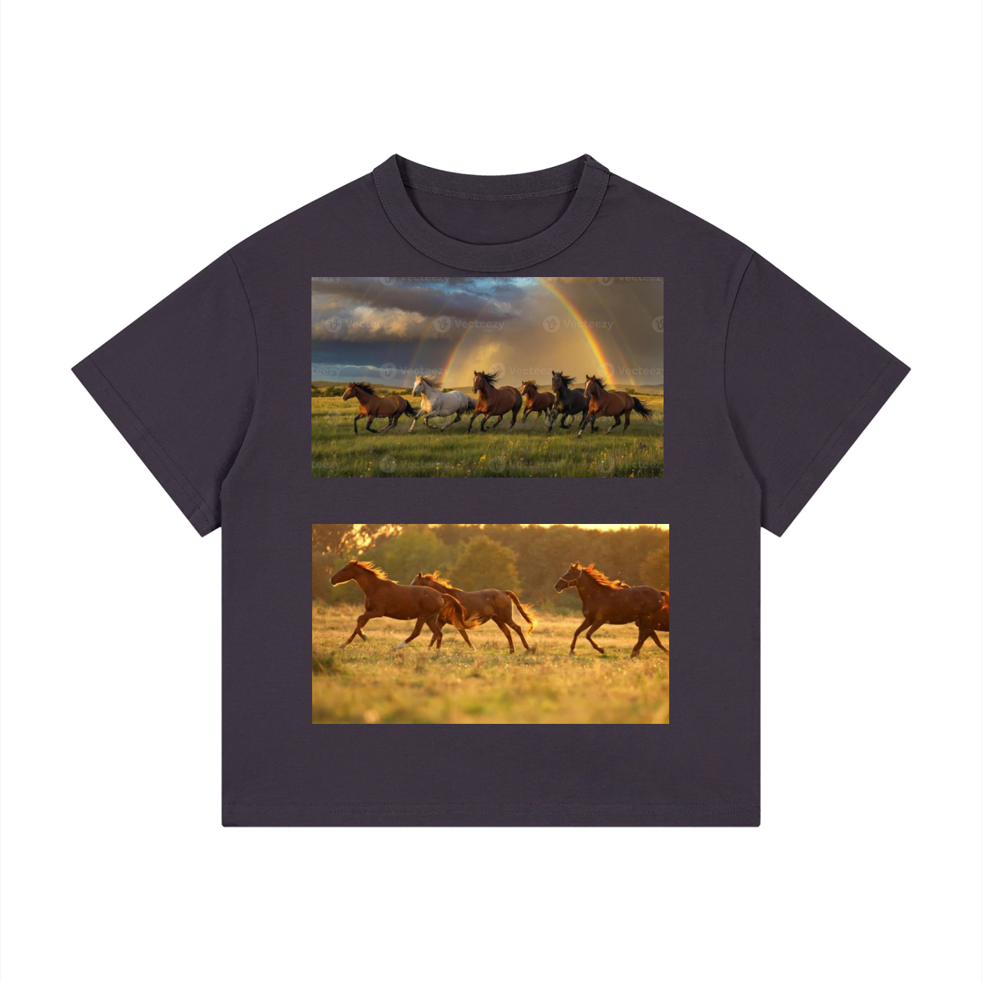 T-shirt with two images of horses running in a field on a white background