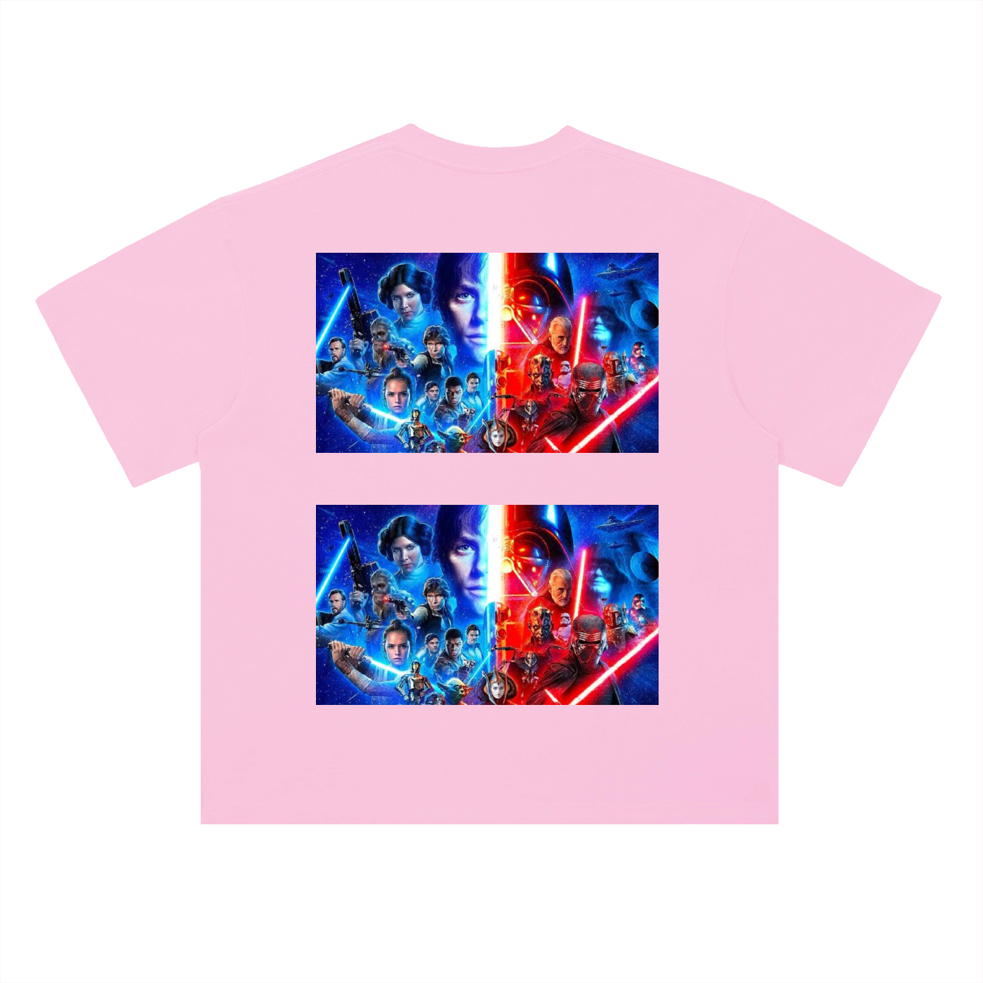Pink t-shirt with Star Wars-themed graphic on a white background