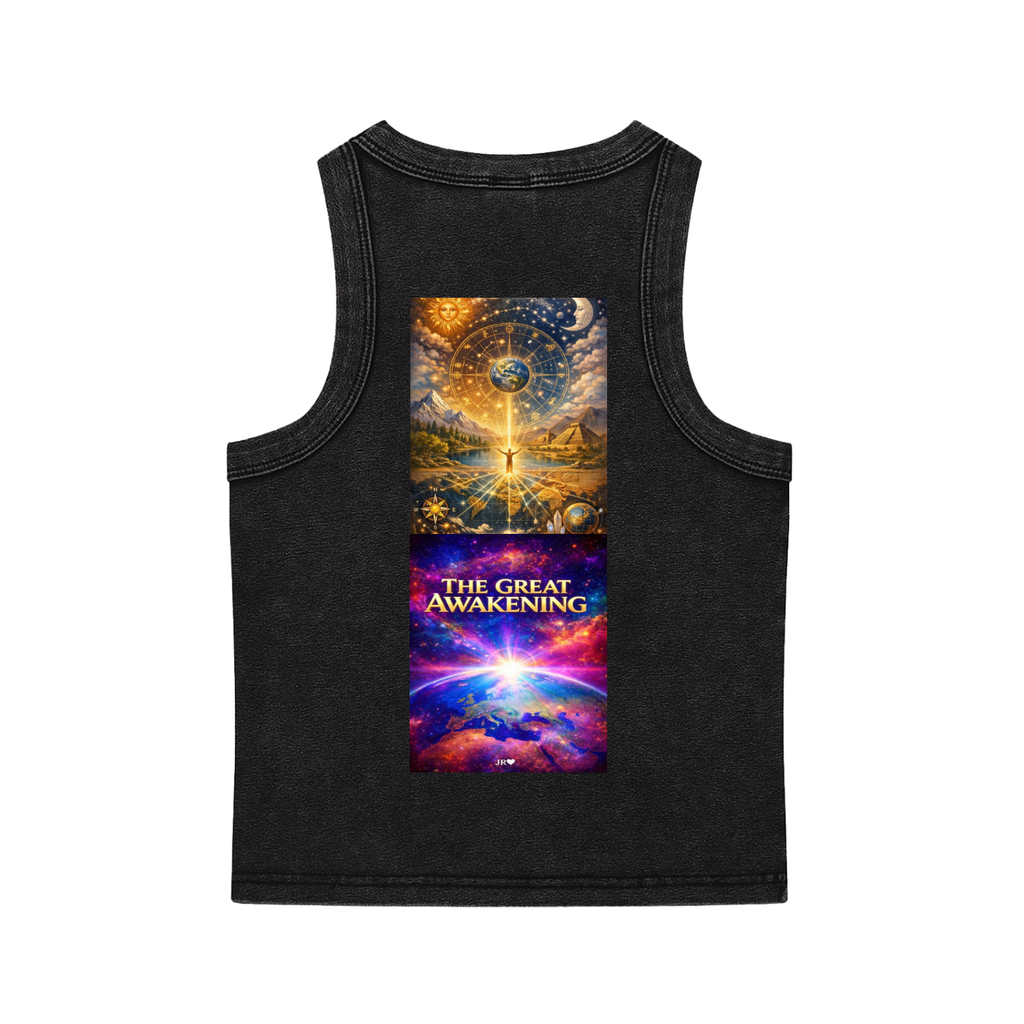 A black sleeveless tank top with a large graphic print on the front showing a cosmic scene with a glowing figure and the text 'THE GREAT AWAKENING'.