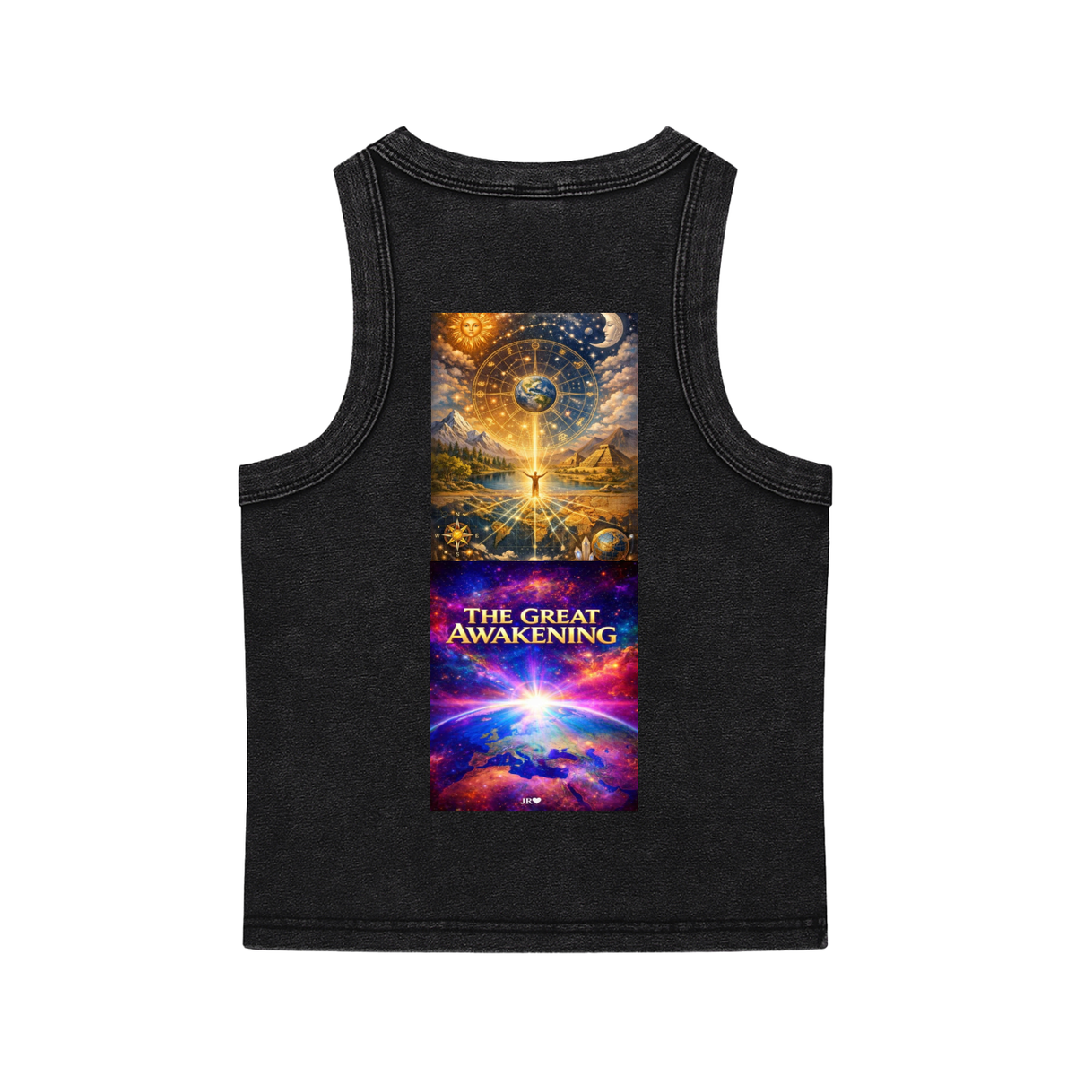 A black sleeveless tank top with a large graphic print on the front showing a cosmic scene with a glowing figure and the text 'THE GREAT AWAKENING'.