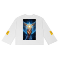 A white long-sleeve t-shirt with a large graphic print on the front showing a hand with blue angel wings holding a glowing golden Star of David. The sleeves feature small yellow graphic patches.