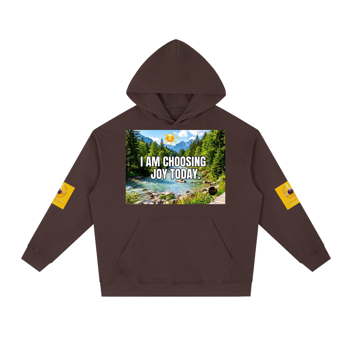 A dark brown pullover hoodie with a colorful nature graphic on the chest reading 'I AM CHOOSING JOY TODAY.' and yellow graphic patches on both sleeves, shown on a plain white background.