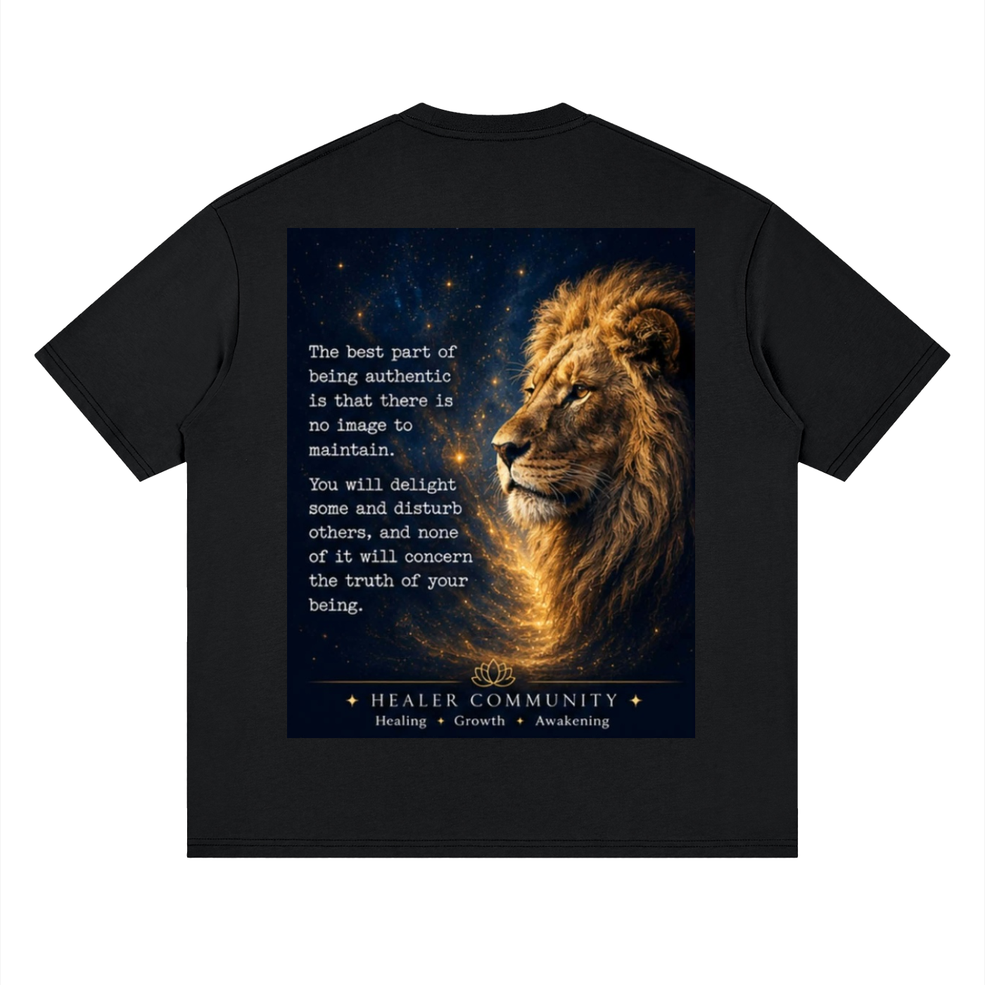 Black t-shirt with a lion graphic and motivational quote on a white background