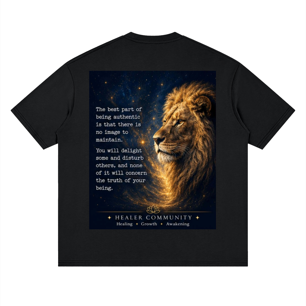 Black t-shirt with a lion graphic and motivational quote on a white background