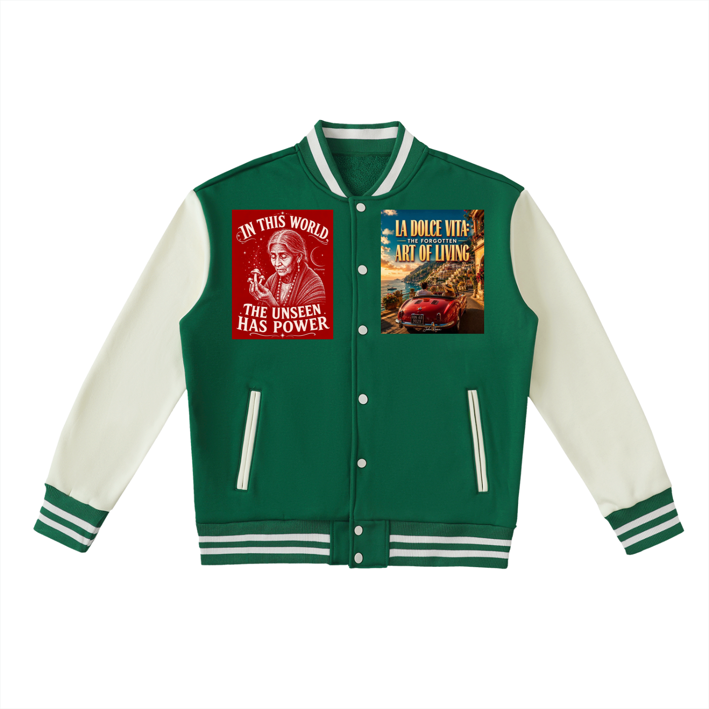 A green and cream varsity-style jacket with two graphic patches on the chest, displayed on a clean white background.