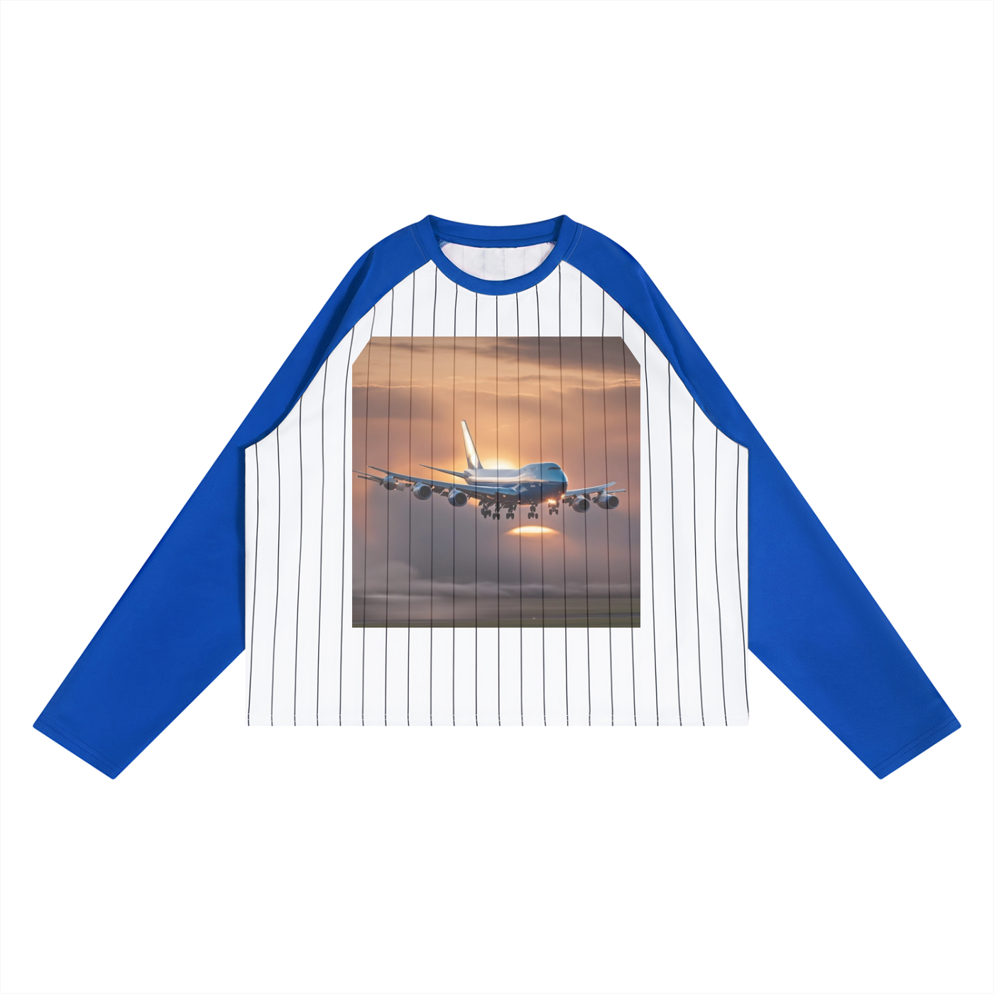 Baseball shirt with an airplane graphic on a white background