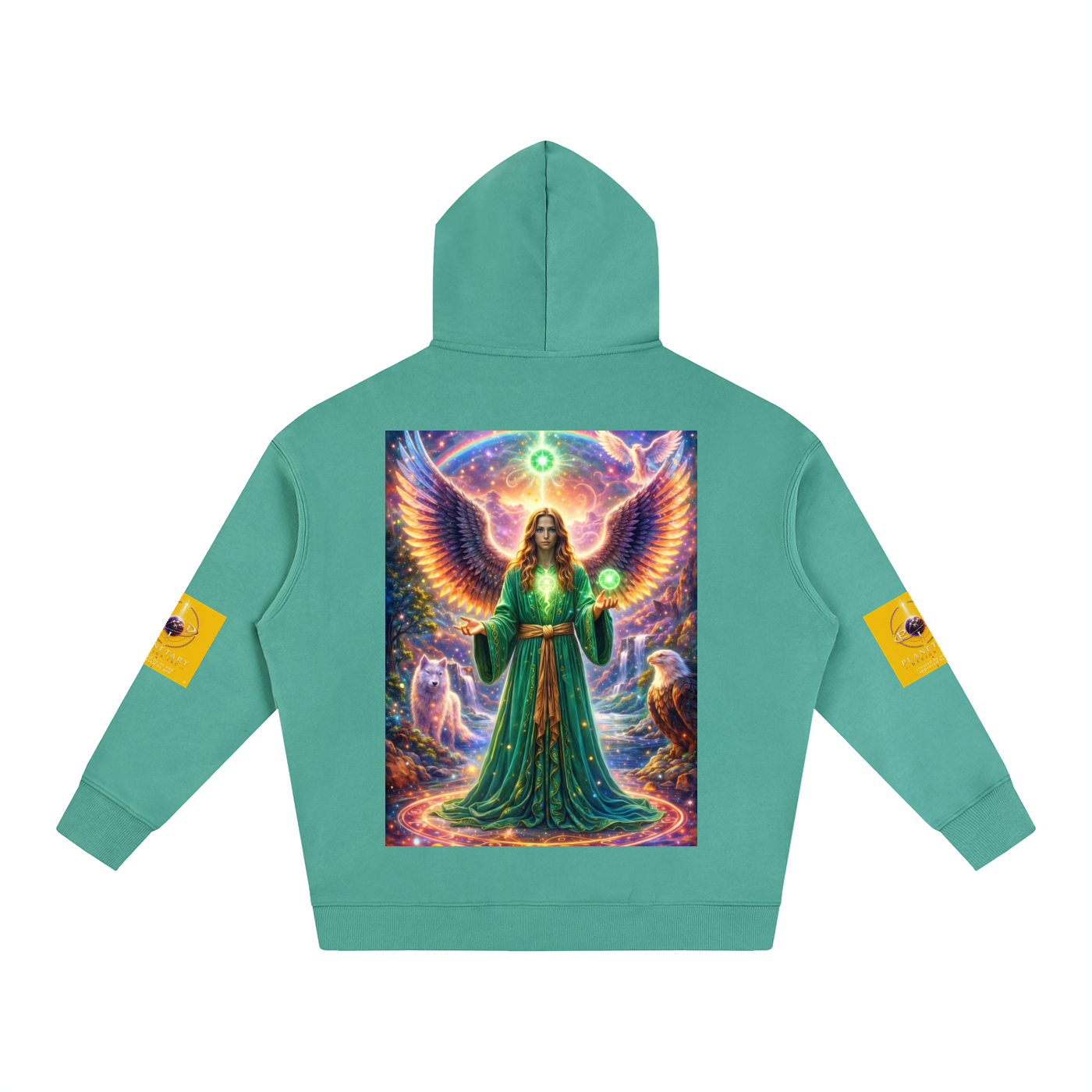 Teal hoodie with a colorful graphic of a figure in a robe on the back, on a white background.