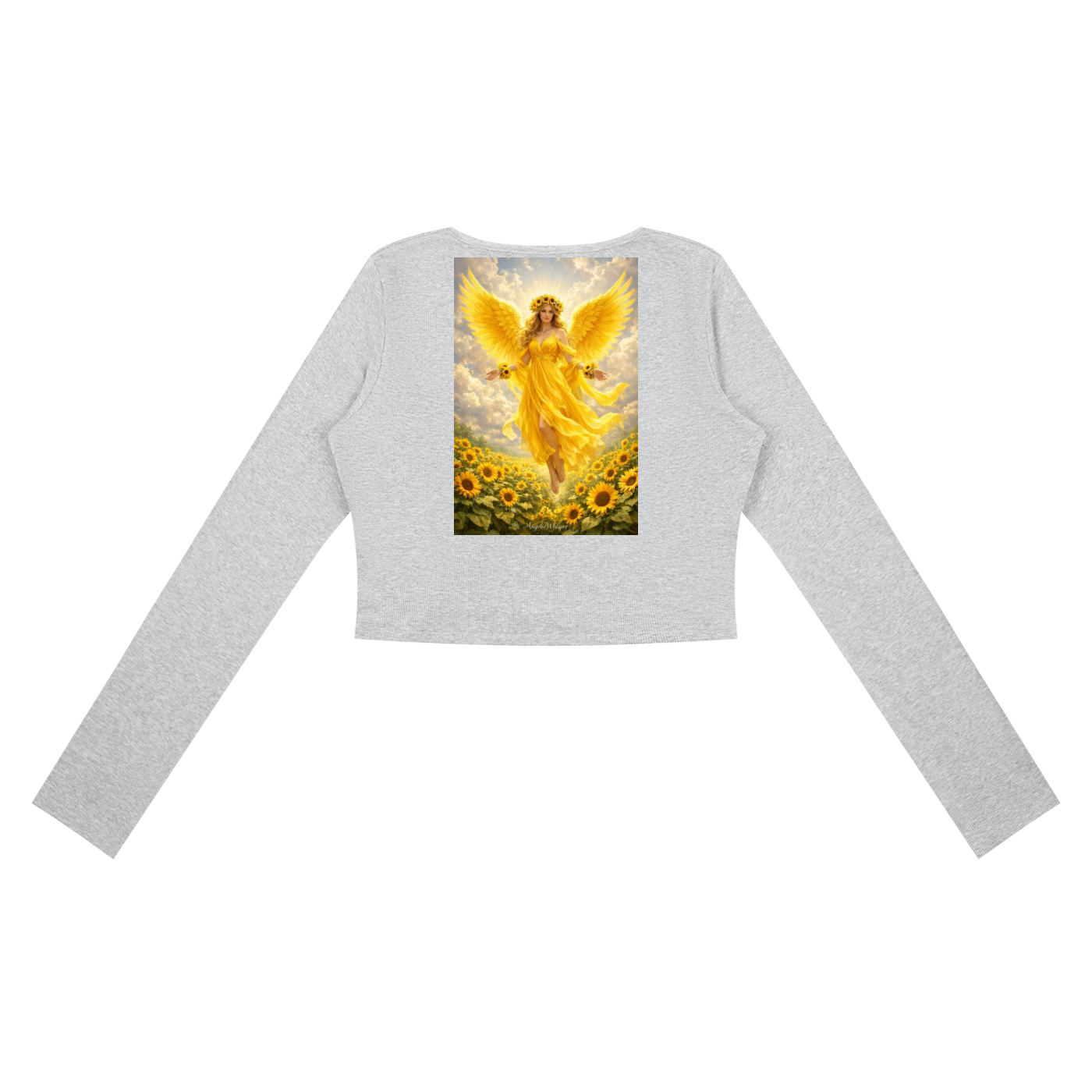 A light heather gray long-sleeve crop top featuring a large graphic print of a golden angel standing in a field of sunflowers on the back, displayed against a solid white background.