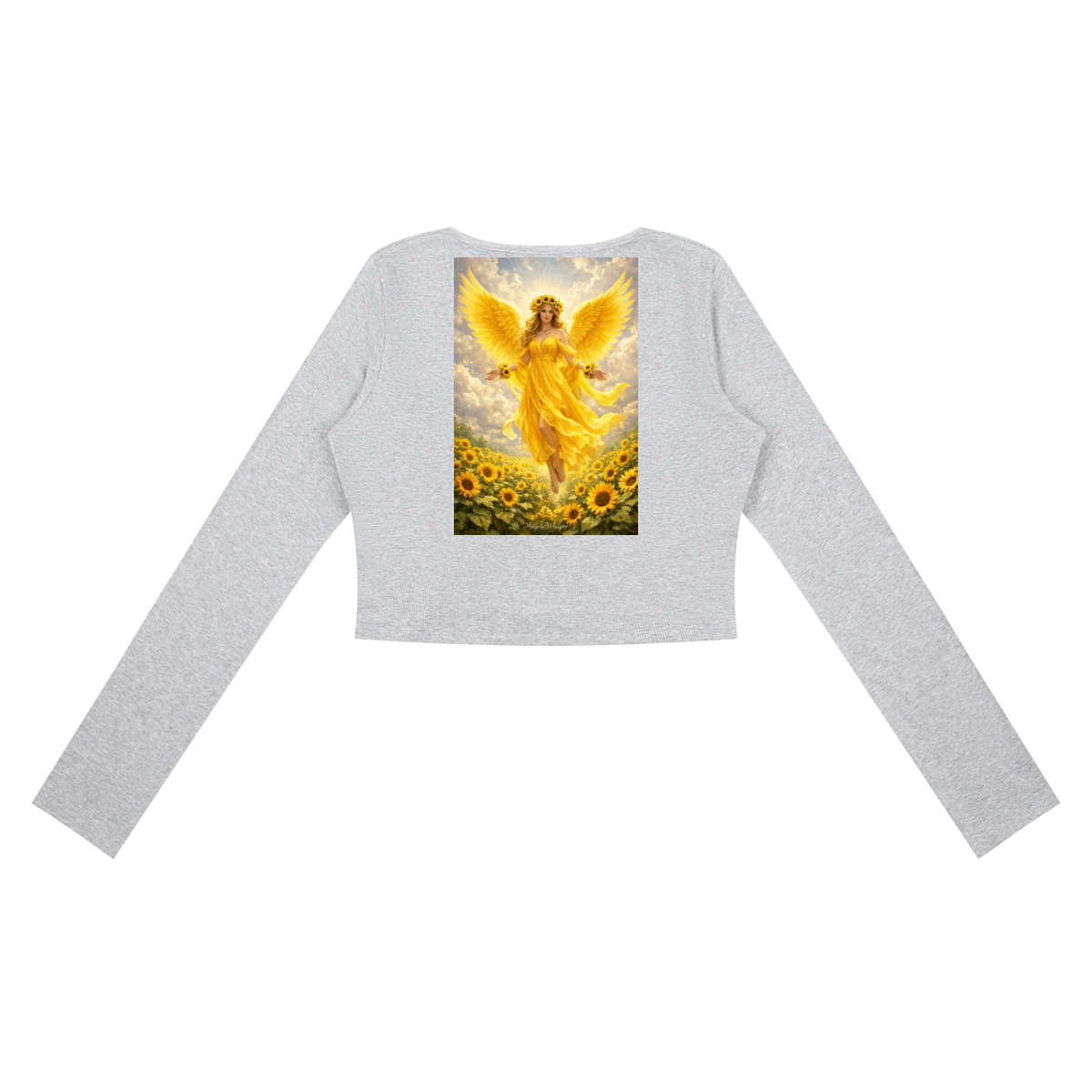 A light heather gray long-sleeve crop top featuring a large graphic print of a golden angel standing in a field of sunflowers on the back, displayed against a solid white background.