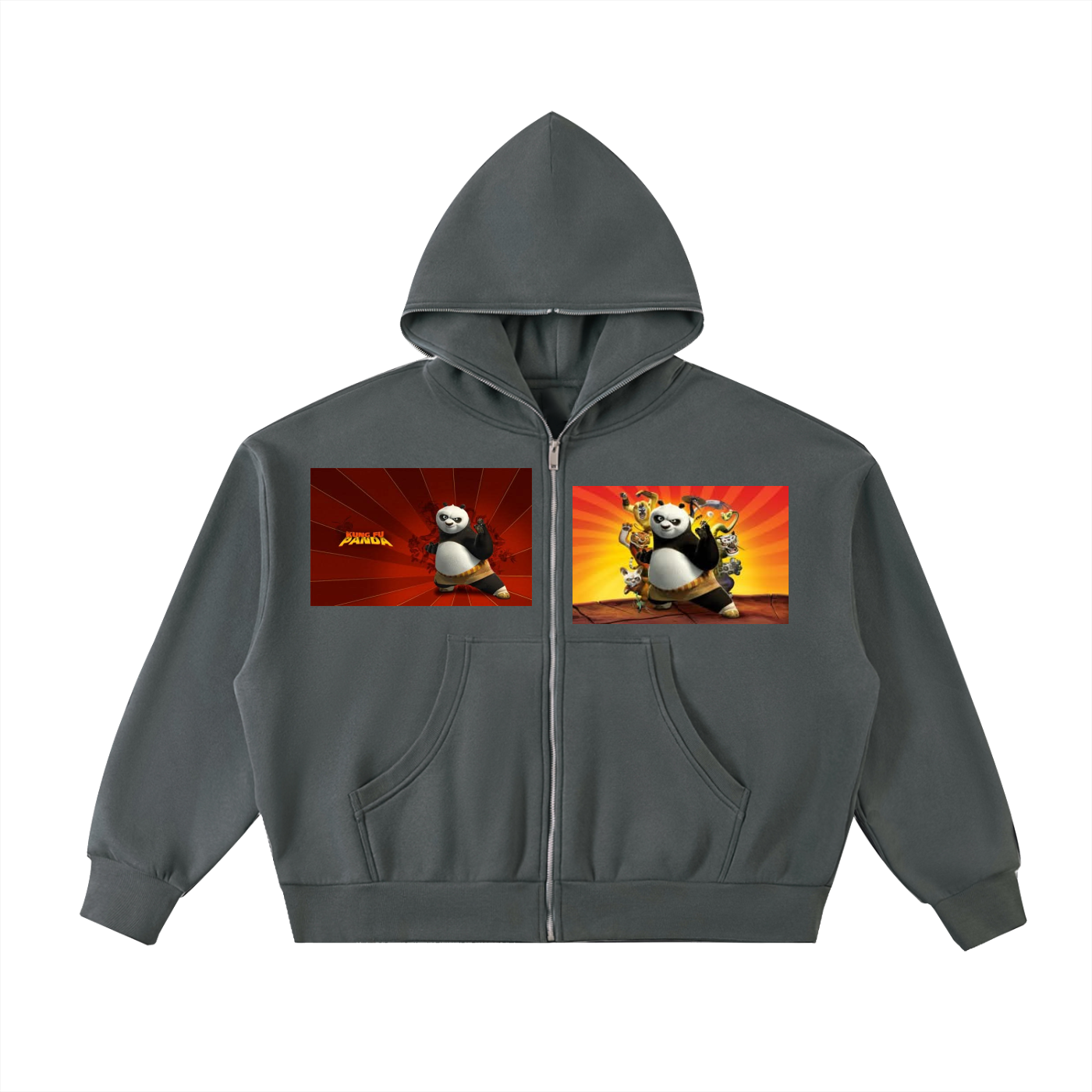 Gray hoodie with Kung Fu Panda graphics on a white background