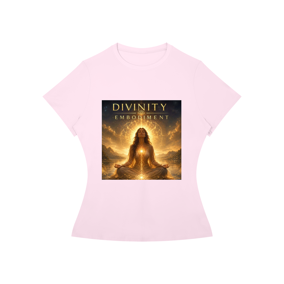A light pink short-sleeve t-shirt with a rectangular graphic print on the front. The graphic features a glowing, meditative female figure surrounded by golden light and the text 'DIVINITY EMBORIMENT'.