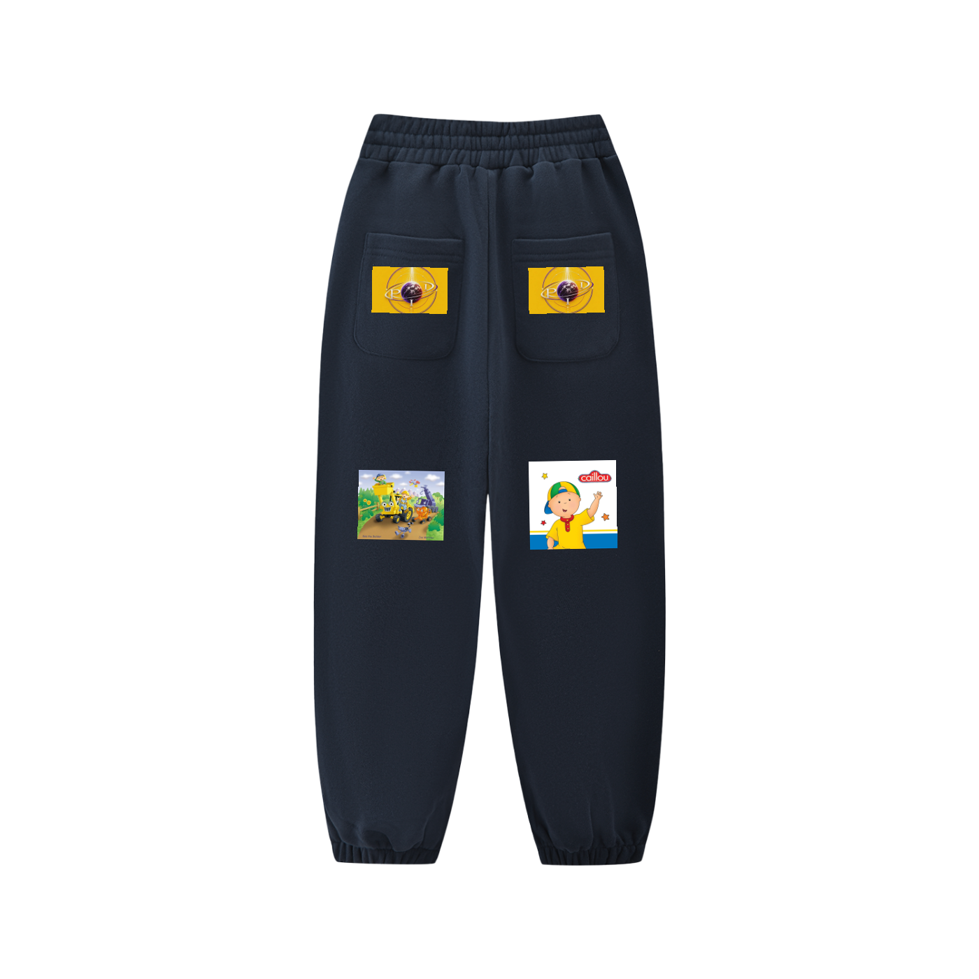 Black pants with colorful patches on a white background