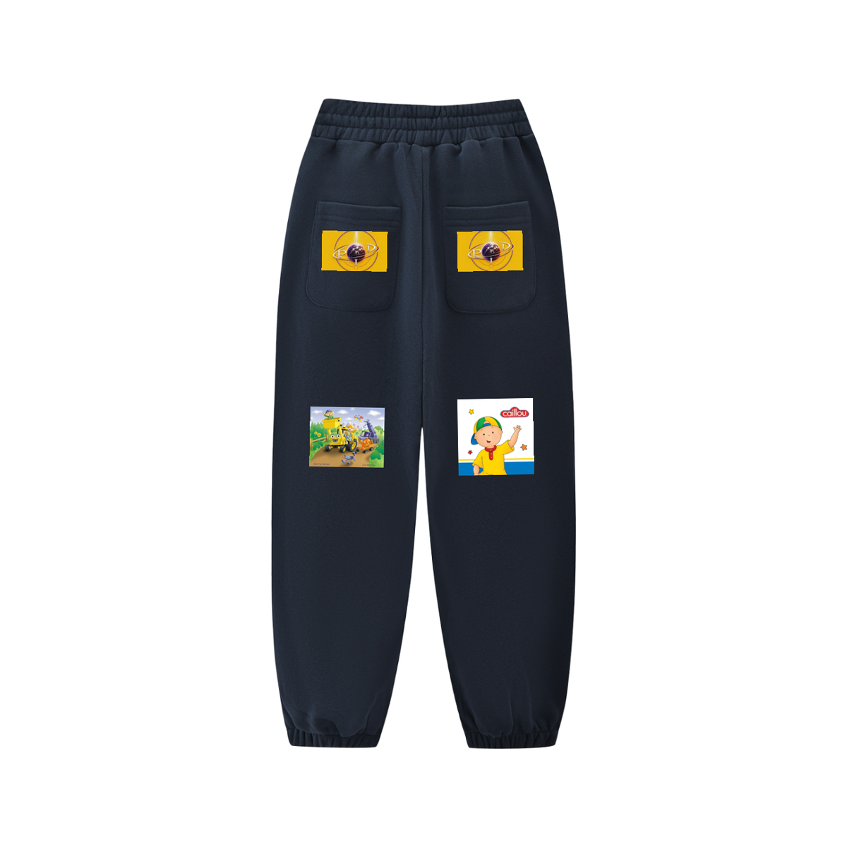 Black pants with colorful patches on a white background