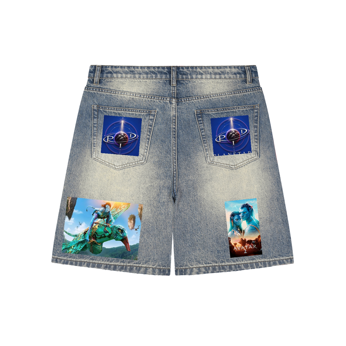 Denim shorts with 'Avatar' movie poster designs on a white background
