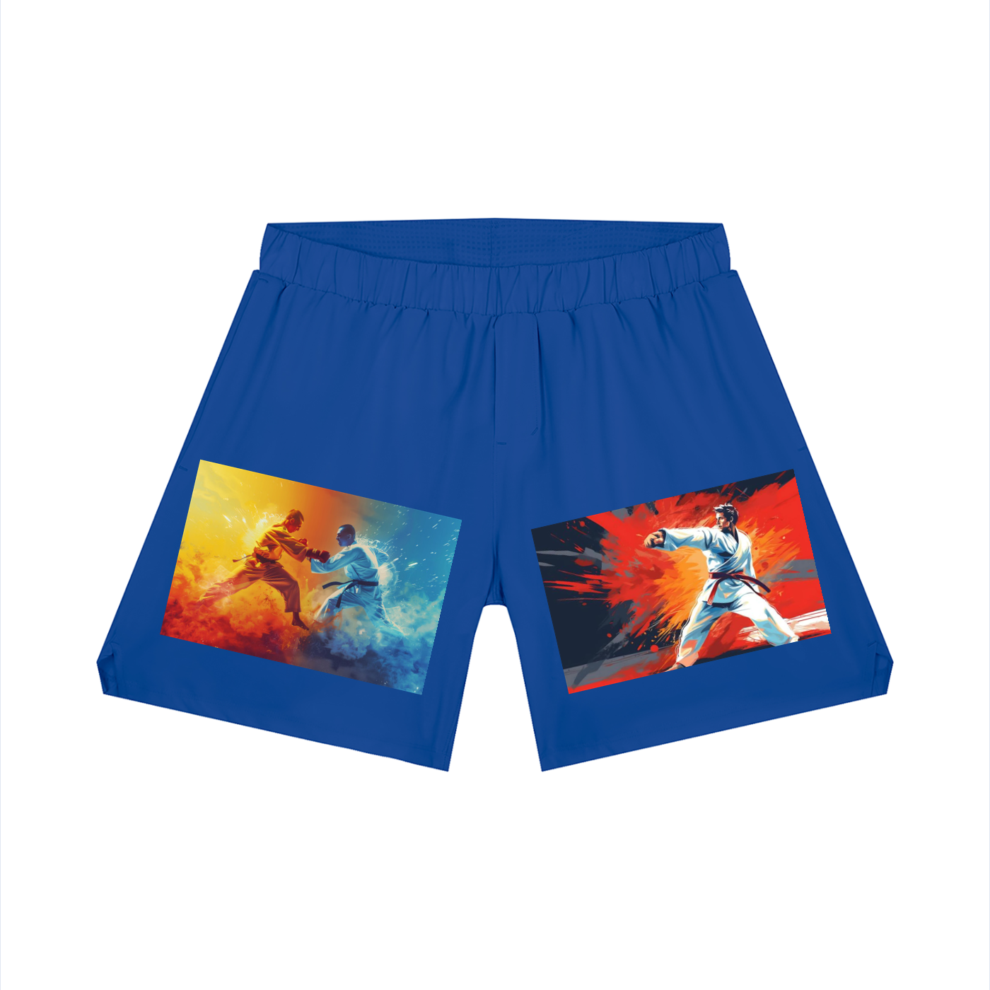 Blue shorts with martial arts-themed graphics on a white background