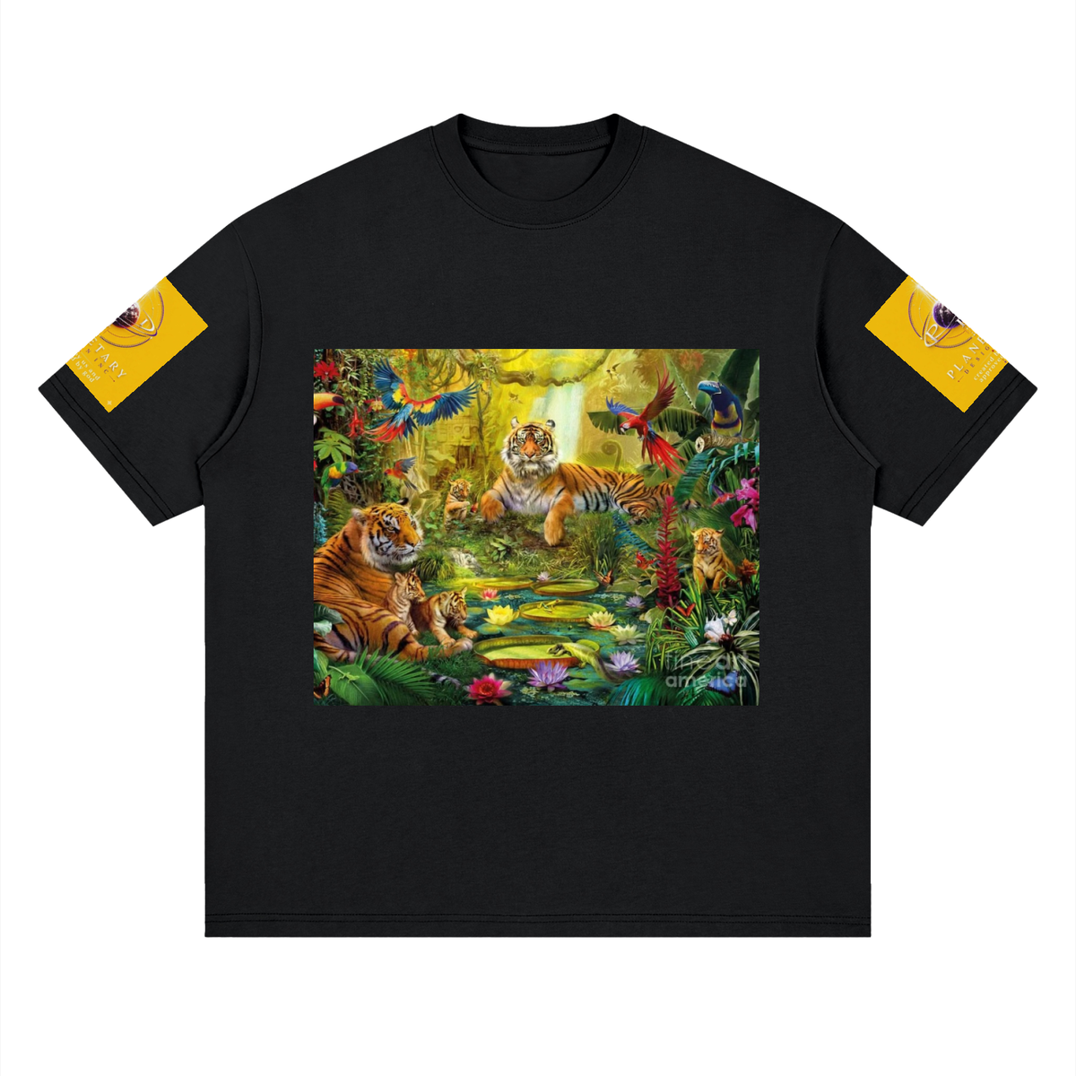 Black t-shirt with a colorful graphic of tigers and parrots in a jungle scene on a white background.