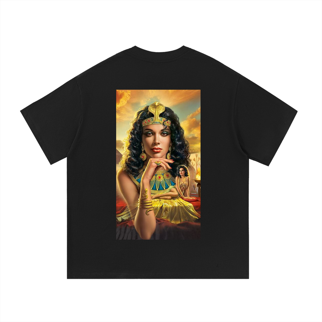 Black t-shirt with a graphic of a woman in an ornate dress and headdress on a white background