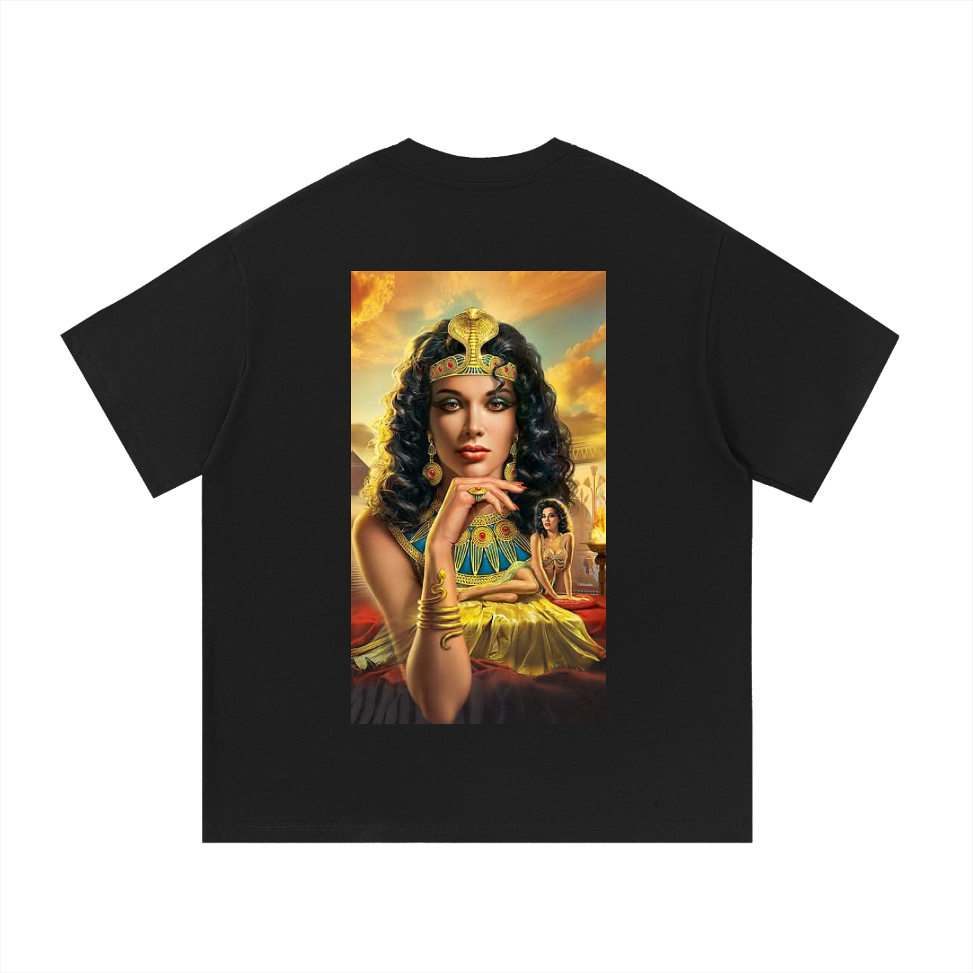 Black t-shirt with a graphic of a woman in an ornate dress and headdress on a white background