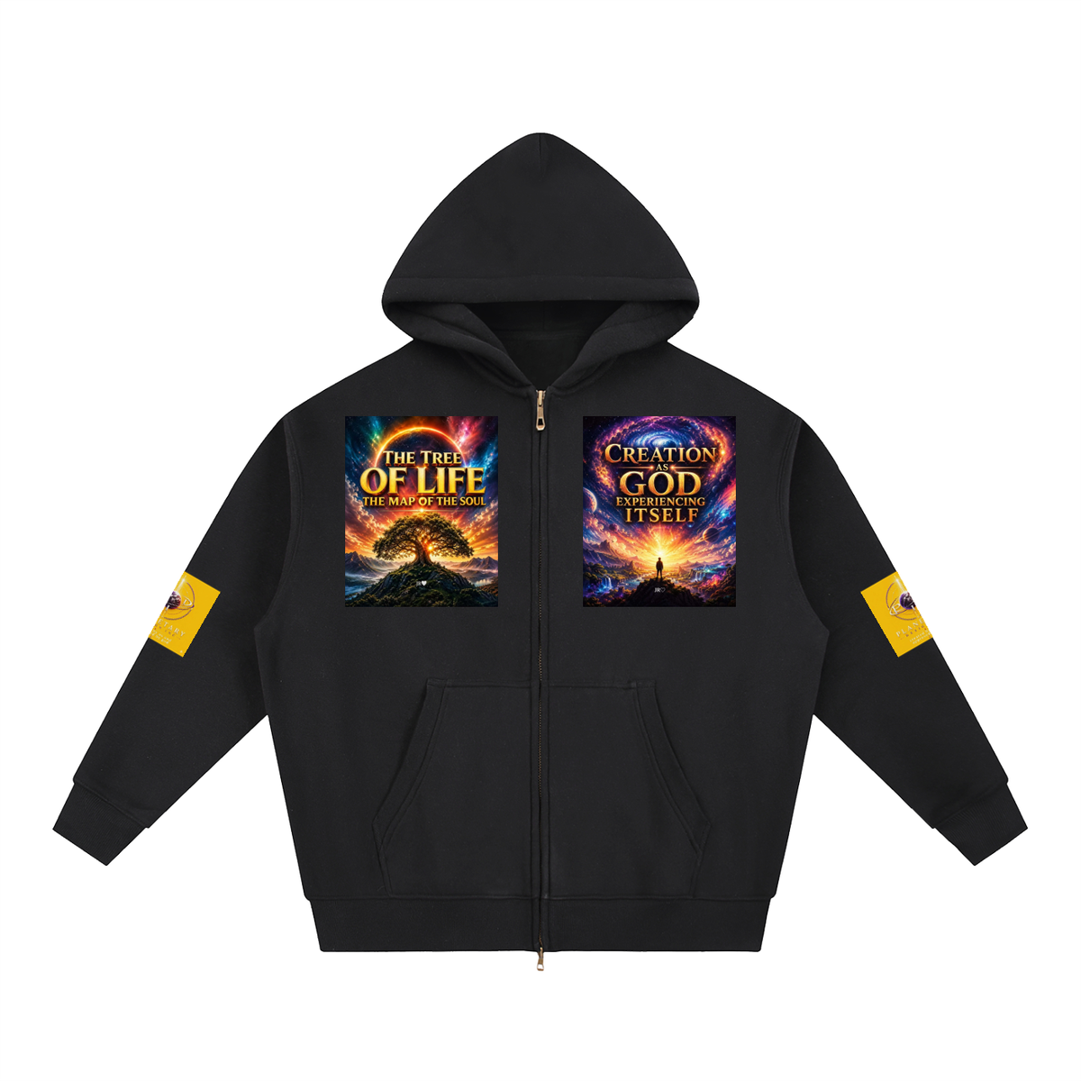 A black zip-up hoodie with a full front zipper, kangaroo pockets, and two colorful graphic prints on the chest. The left chest graphic reads 'THE TRUTH OF LIFE IS MARRIAGE' and the right chest graphic reads 'CREATION GOD IS NOT ITSELF'.