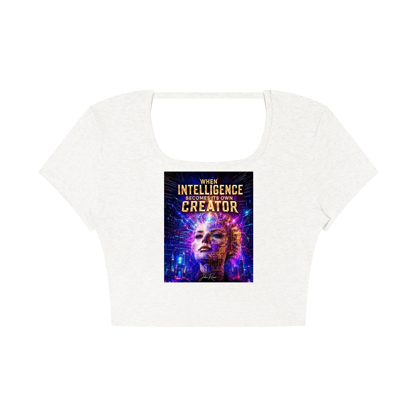 A white heather cropped short-sleeve t-shirt with a scoop neck, featuring a colorful graphic print on the front with the text 'YOUR INTELLIGENCE IS THE CREATOR'.