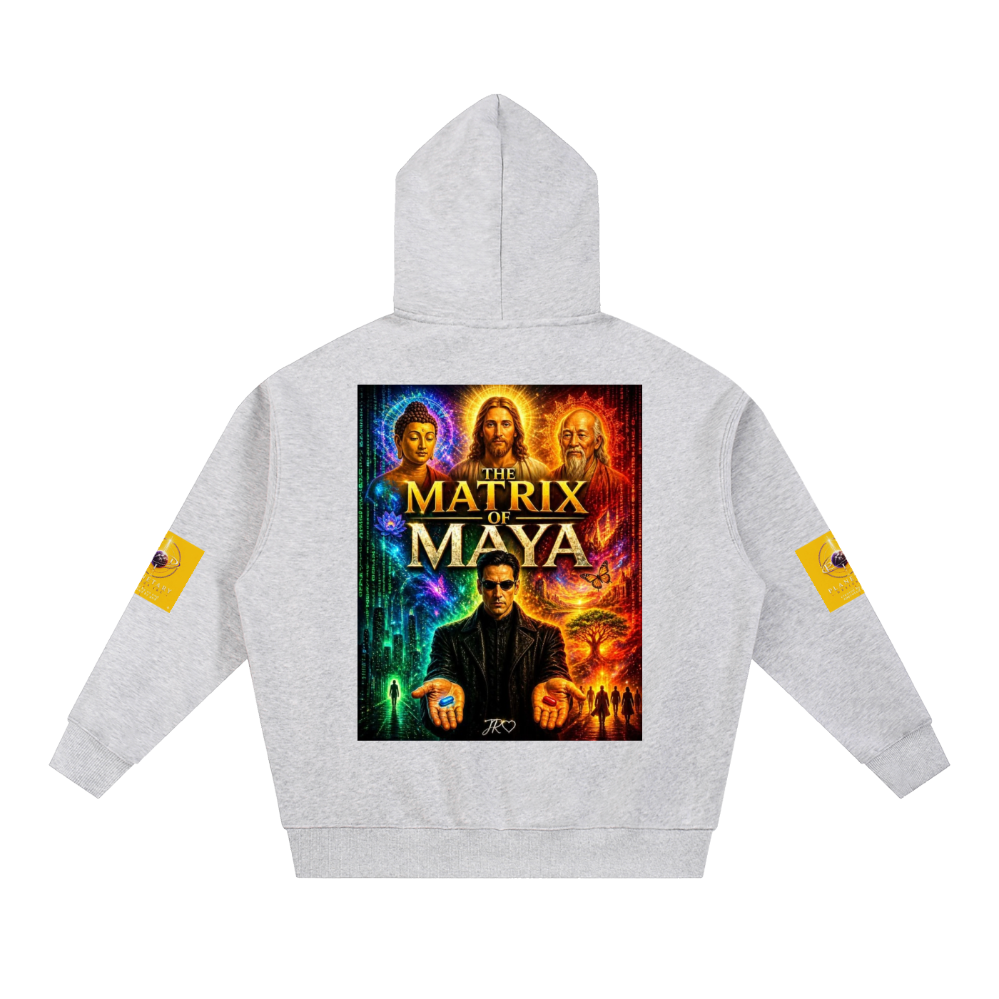 A light gray heather hoodie shown from the back, featuring a large colorful graphic print of 'The Matrix & Maya' in the center and small yellow graphic patches on both sleeves.