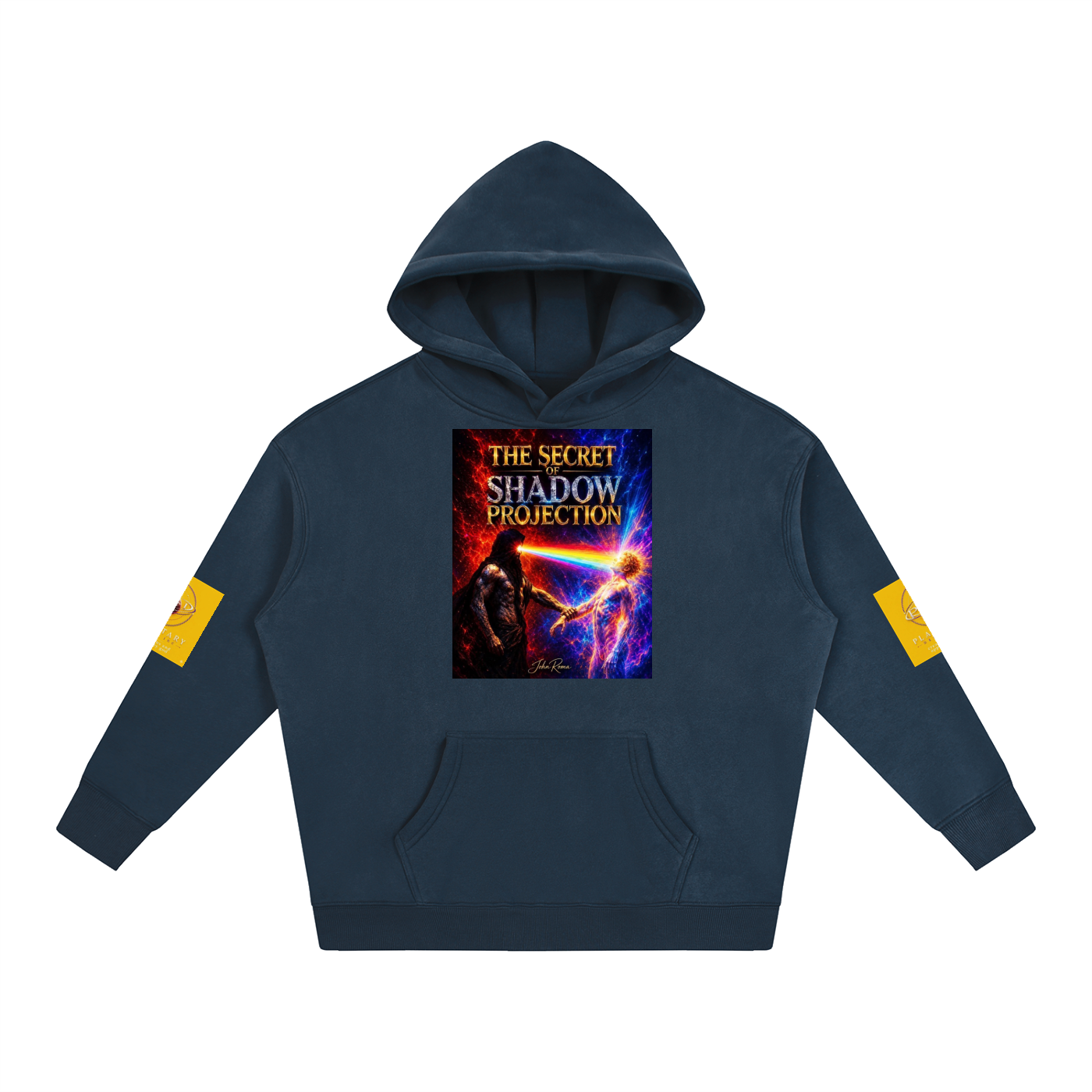 A navy blue pullover hoodie with a colorful graphic print on the chest reading 'THE SECRET SHADOW PROJECTION' and yellow patches on both sleeves, shown on a plain white background.