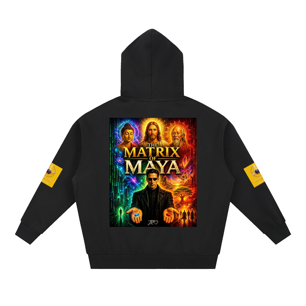 A black hoodie shown from the back, featuring a large colorful graphic print of 'The Matrix & Maya' on the back with yellow patches on both sleeves, displayed on a solid white background.