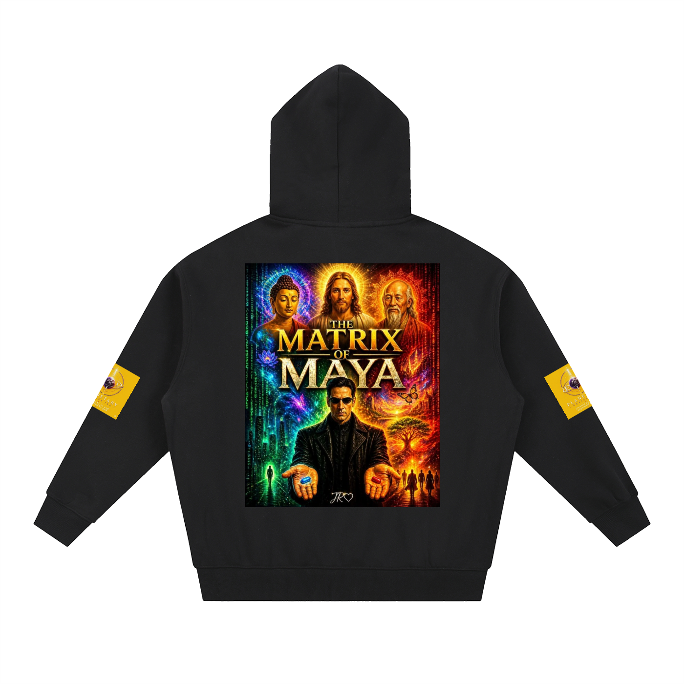 A black hoodie shown from the back, featuring a large colorful graphic print of 'The Matrix & Maya' on the back with yellow patches on both sleeves, displayed on a solid white background.
