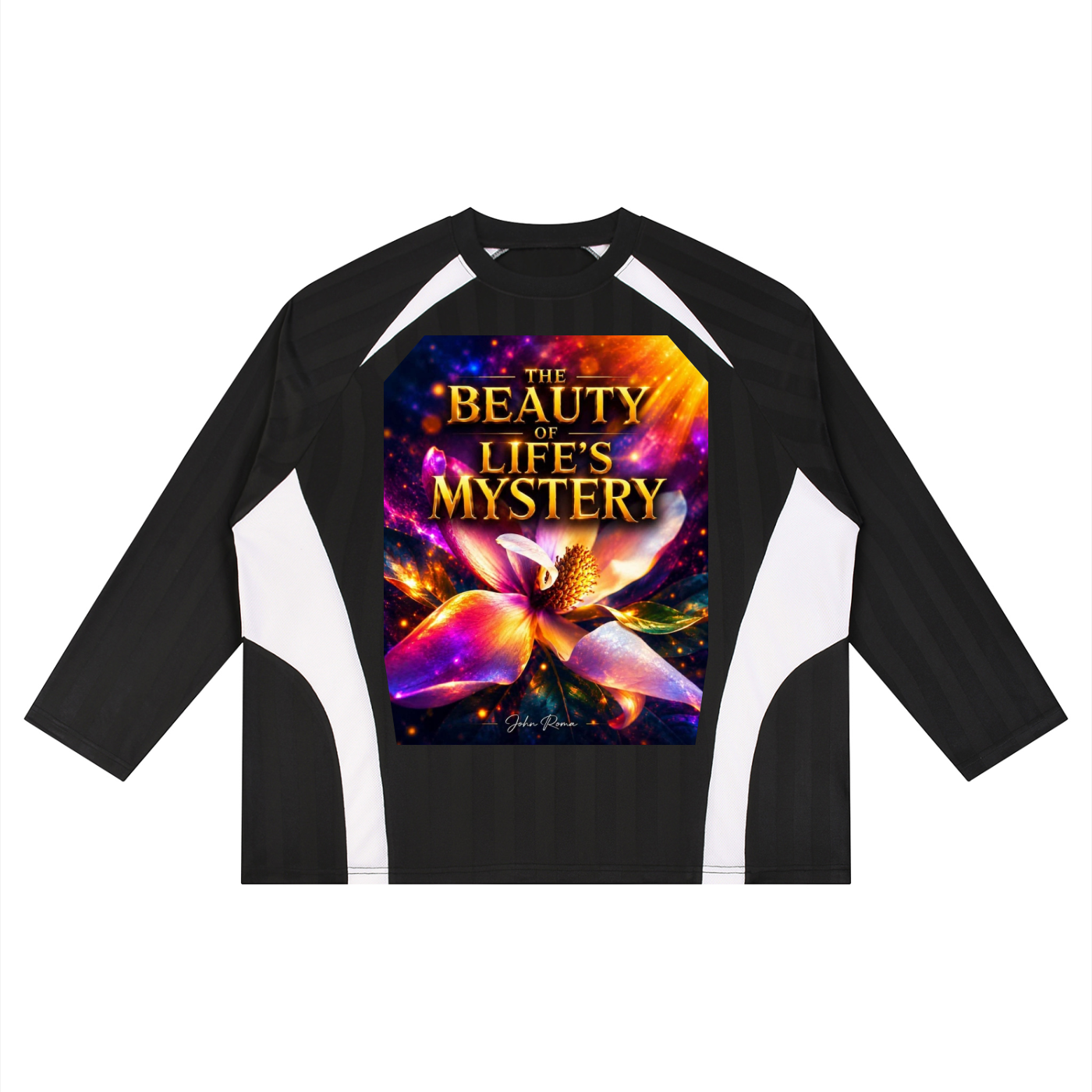 Black and white long-sleeve shirt with a colorful design and text on a white background