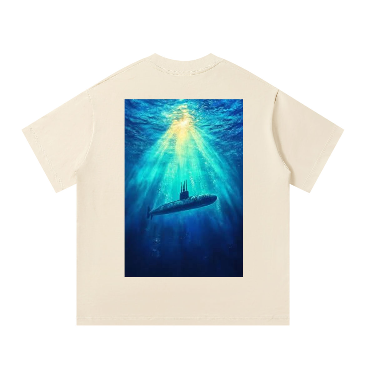 Beige t-shirt with a submarine graphic on a white background