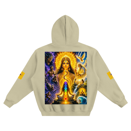 Cosmic psychedelic graphic print on beige boxy fit hoodie back