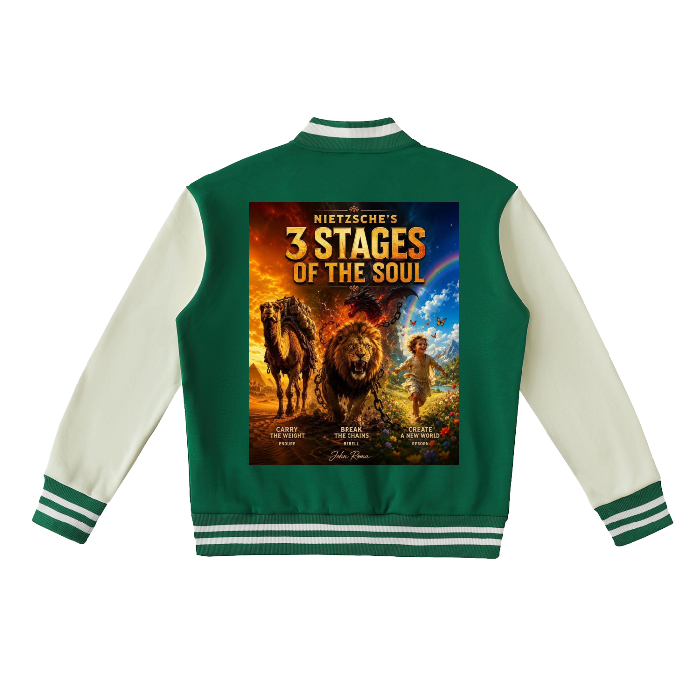 A green and cream varsity jacket shown from the back, featuring a large graphic print of Nietzsche's '3 Stages of the Soul' on the center back panel.