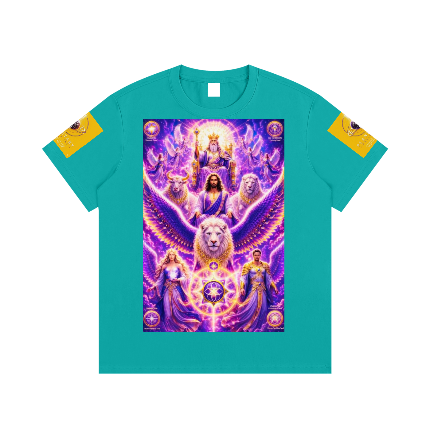 Teal t-shirt with a colorful graphic design on a white background