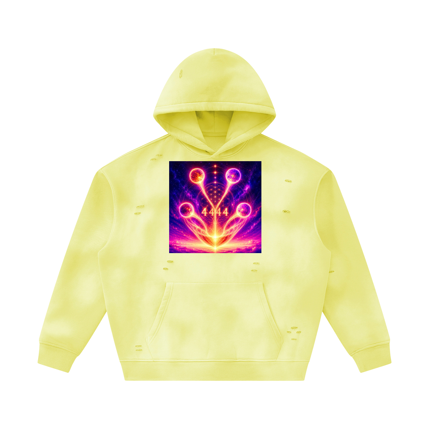 A pale yellow distressed hoodie with a colorful neon-style graphic print on the chest, displayed against a solid white background.