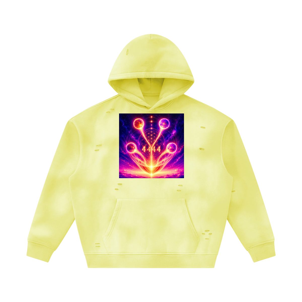 A pale yellow distressed hoodie with a colorful neon-style graphic print on the chest, displayed against a solid white background.