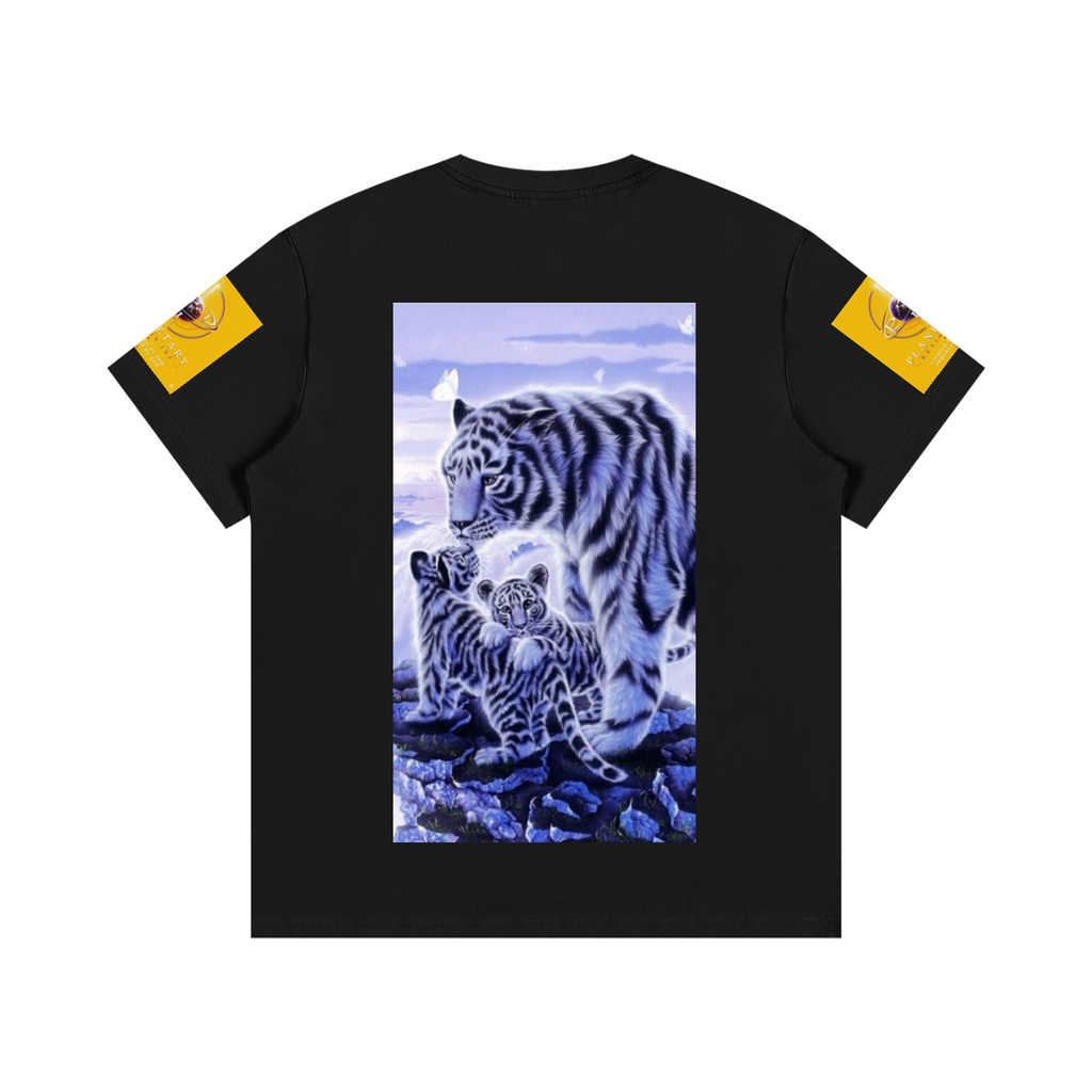 Black t-shirt with a graphic of two tigers on a white background