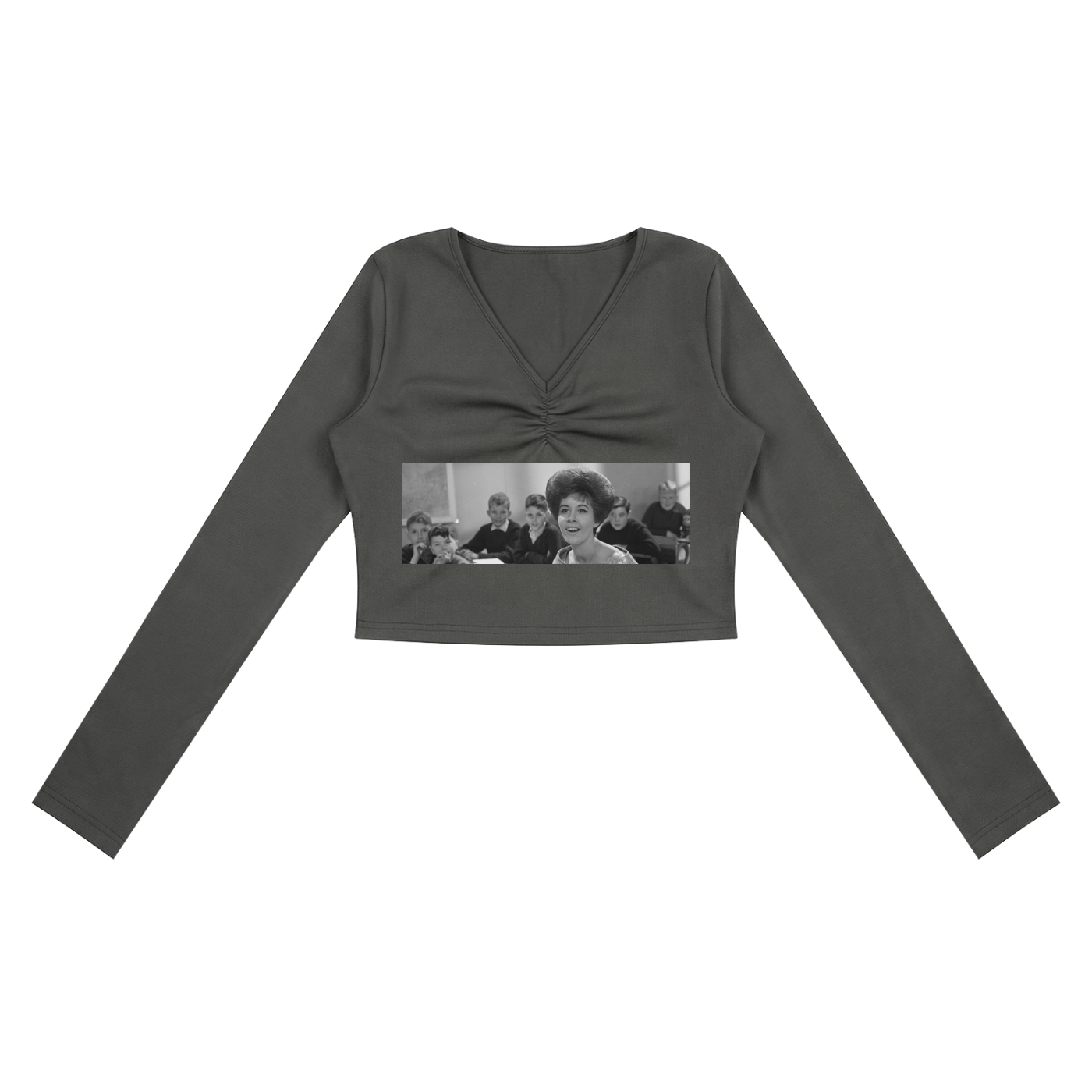 Dark gray long-sleeve crop top with a graphic print on a white background
